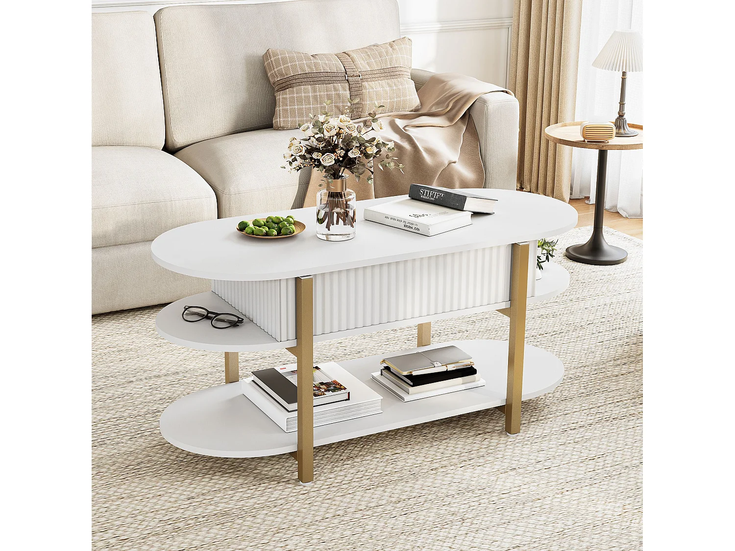Table basse relevable avec rangement, 2 étagères, plateau arrondi, blanc , 106 x 45 x 50cm