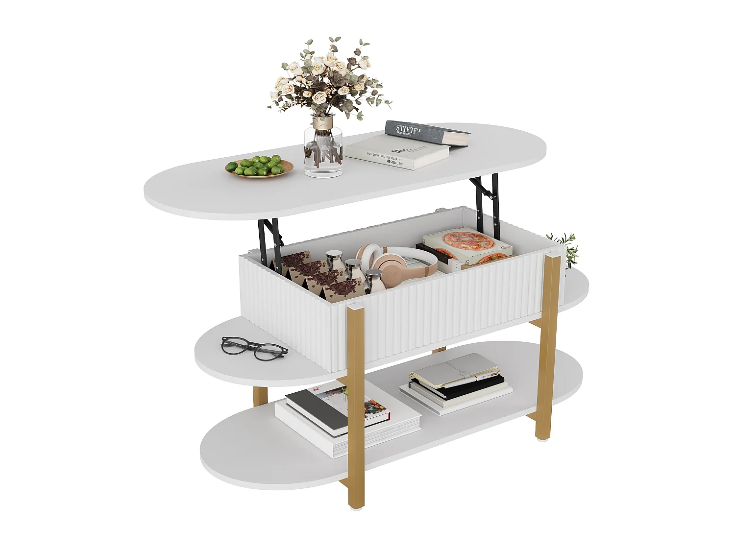 Table basse relevable avec rangement, 2 étagères, plateau arrondi, blanc , 106 x 45 x 50cm