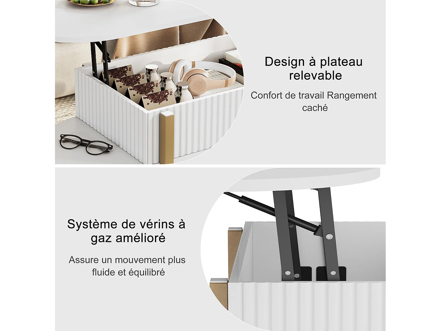 Table basse relevable avec rangement, 2 étagères, plateau arrondi, blanc , 106 x 45 x 50cm