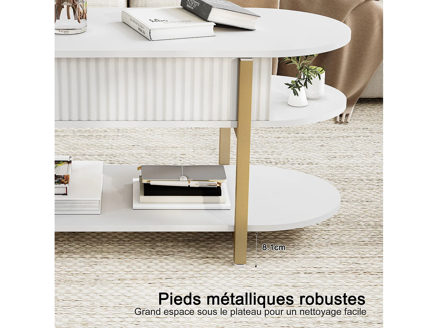Table basse relevable avec rangement, 2 étagères, plateau arrondi, blanc , 106 x 45 x 50cm