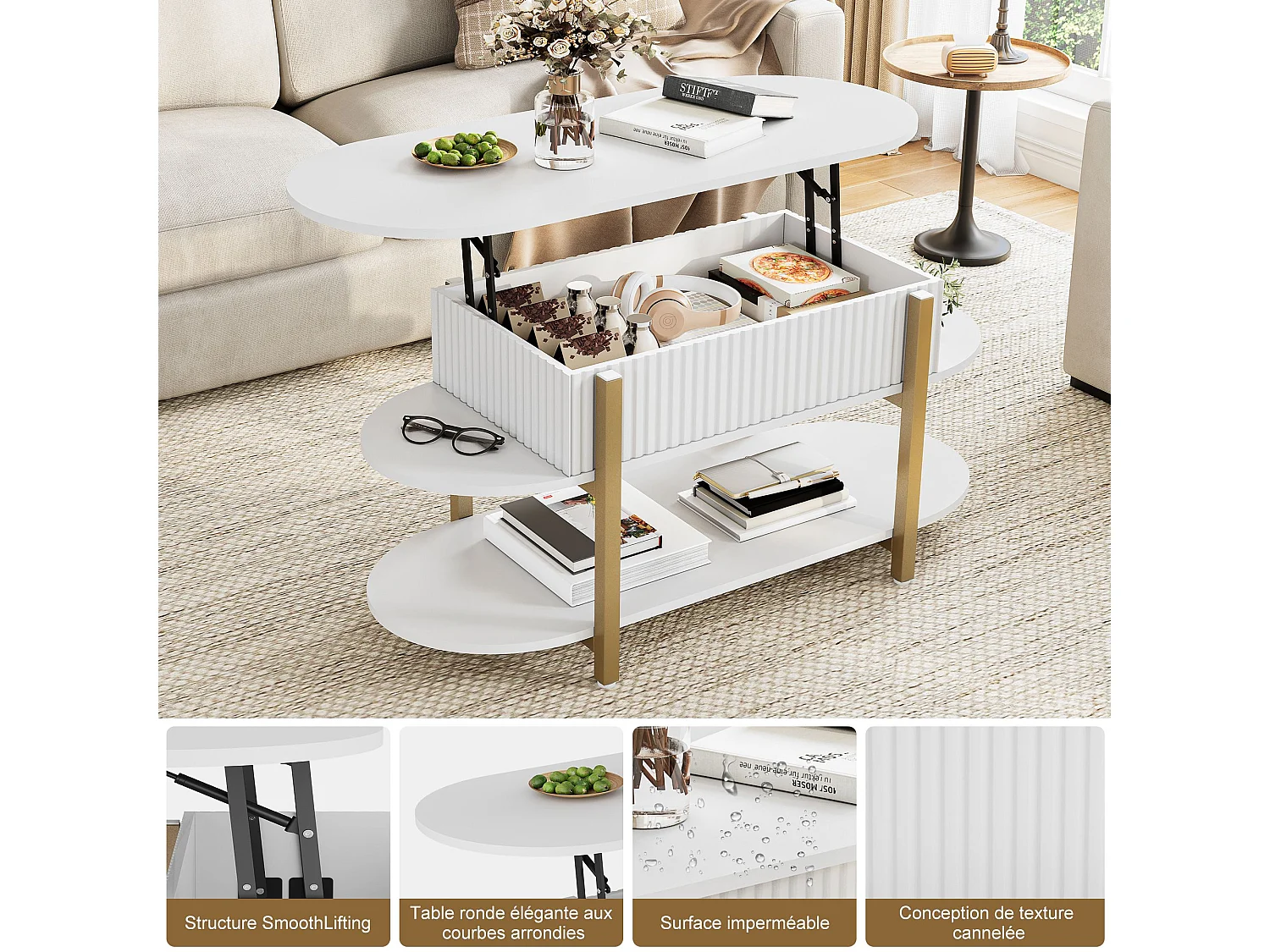 Table basse relevable avec rangement, 2 étagères, plateau arrondi, blanc , 106 x 45 x 50cm