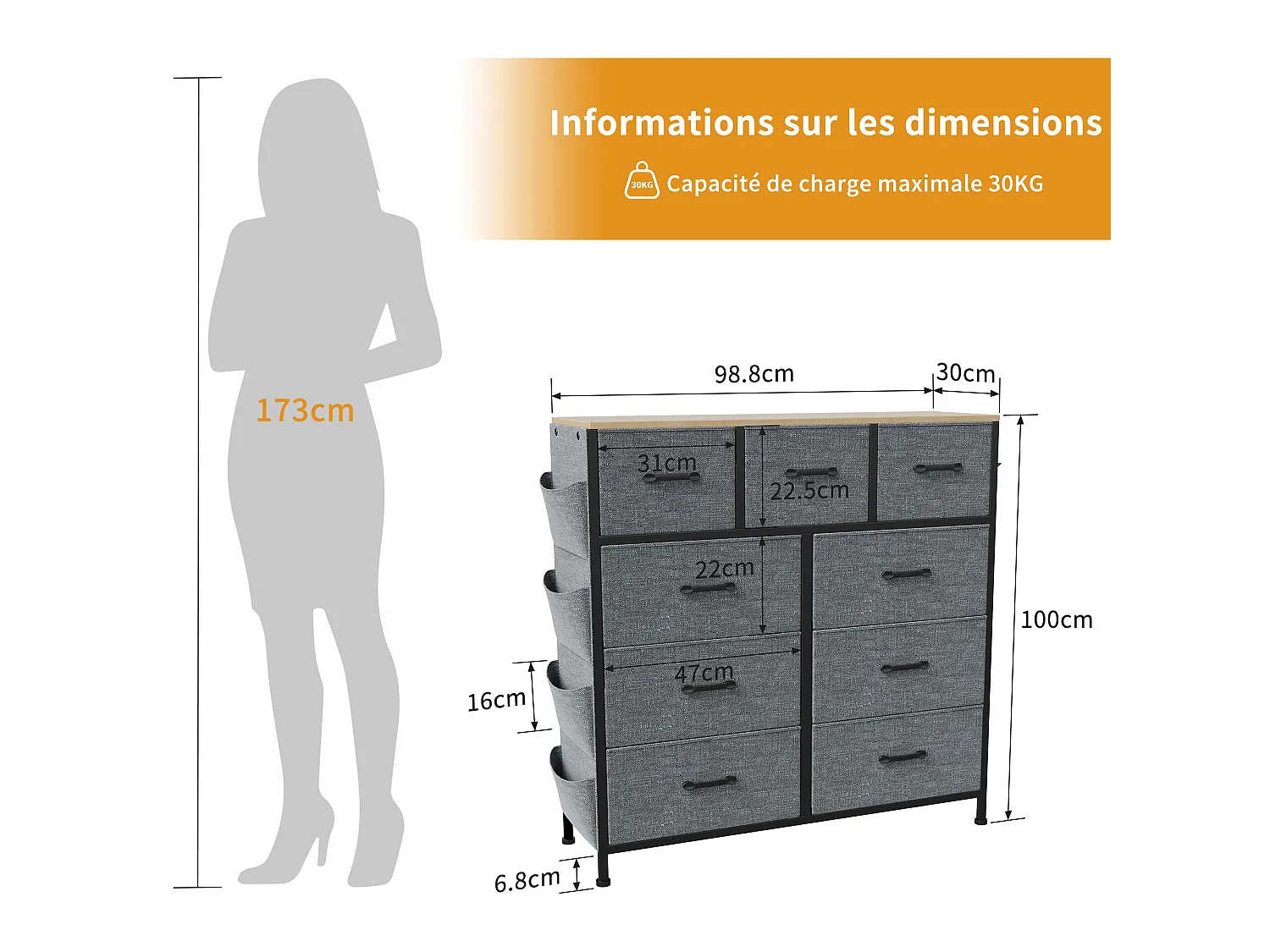 Commode en tissu 9 tiroirs, meuble de rangement gris avec poches latérales, 100 x 30 x 100 cm