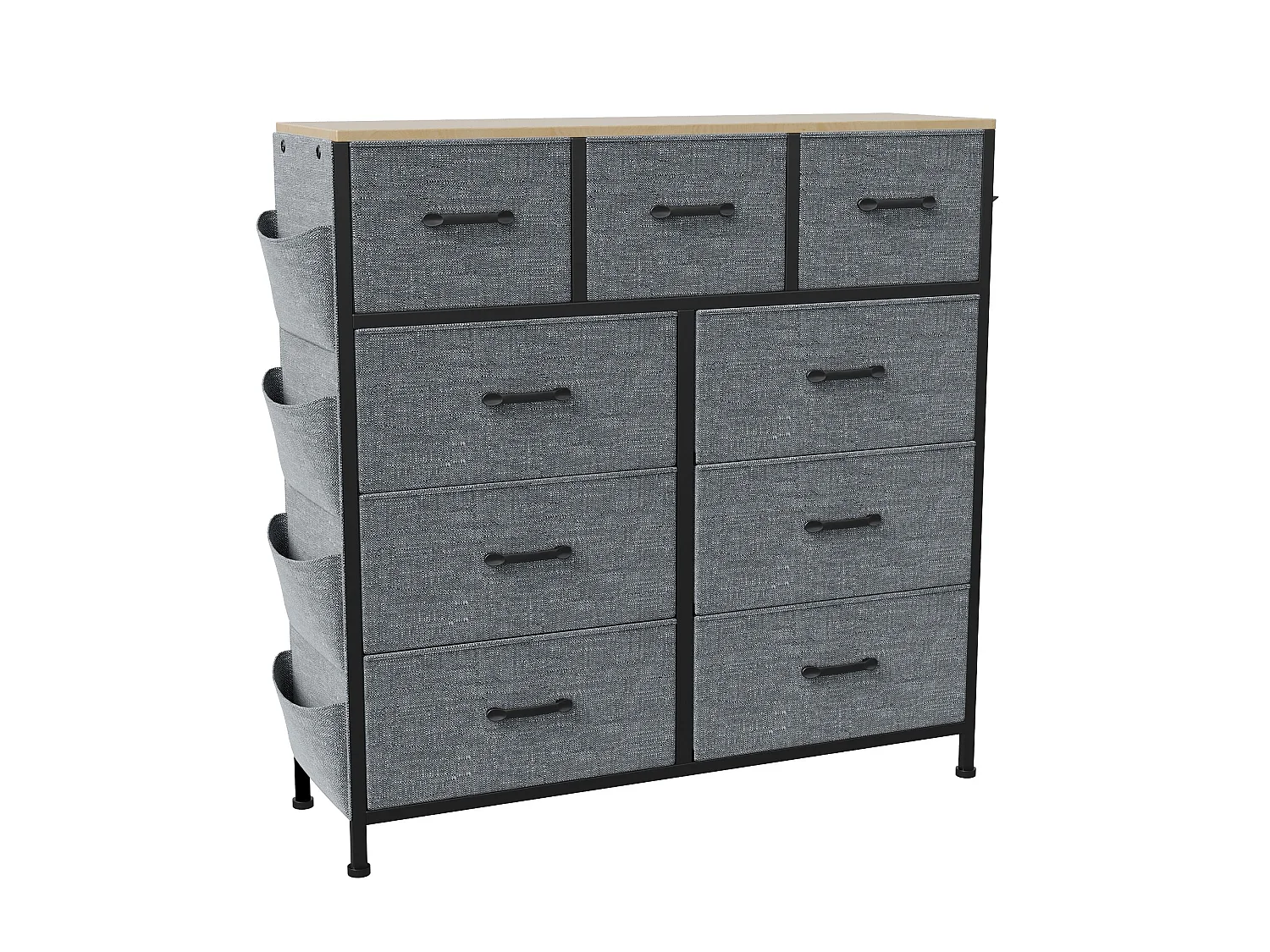 Commode en tissu 9 tiroirs, meuble de rangement gris avec poches latérales, 100 x 30 x 100 cm