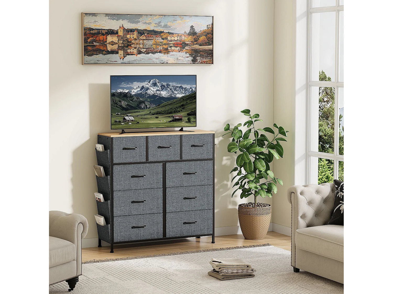 Commode en tissu 9 tiroirs, meuble de rangement gris avec poches latérales, 100 x 30 x 100 cm