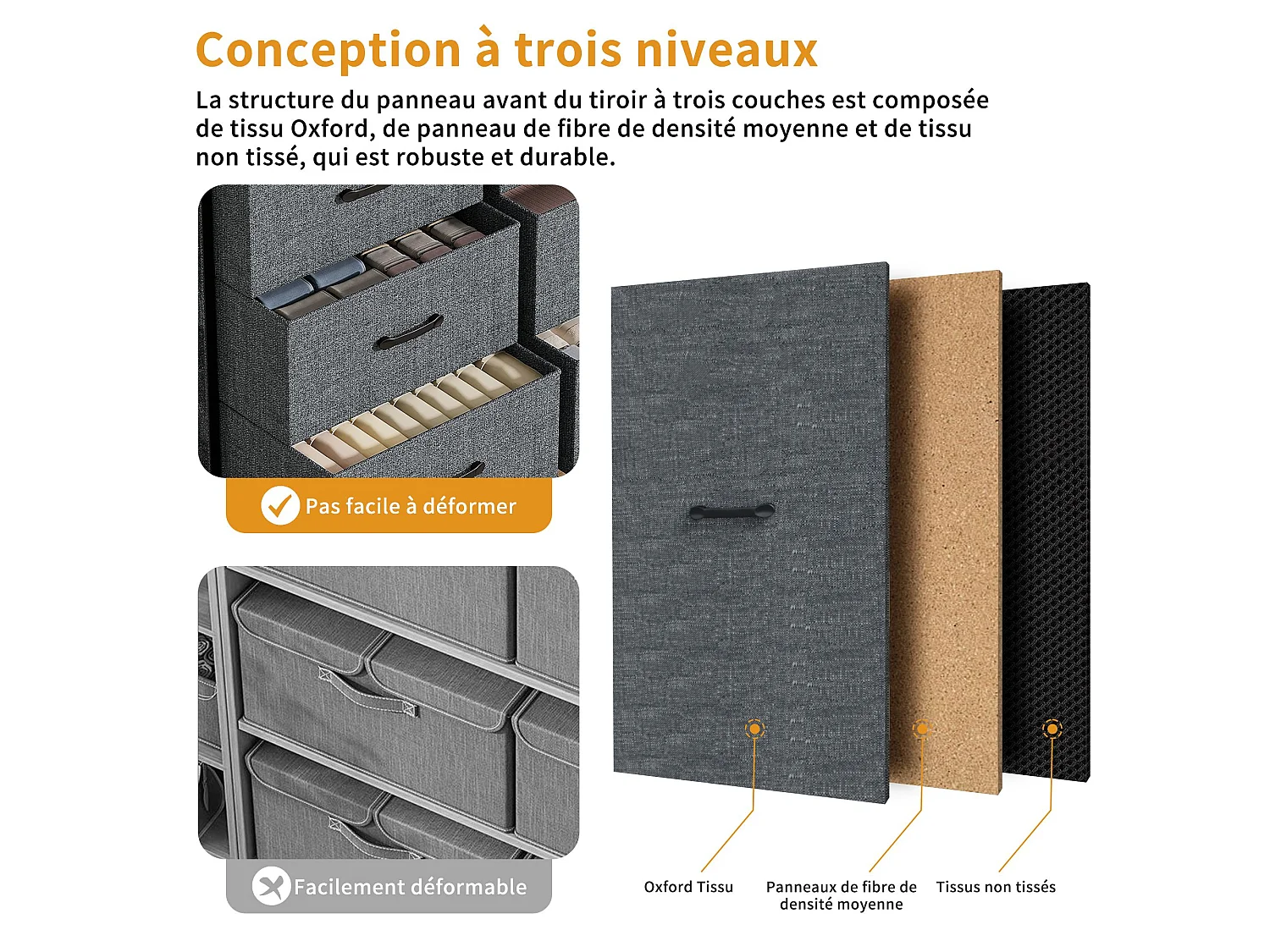 Commode en tissu 9 tiroirs, meuble de rangement gris avec poches latérales, 100 x 30 x 100 cm
