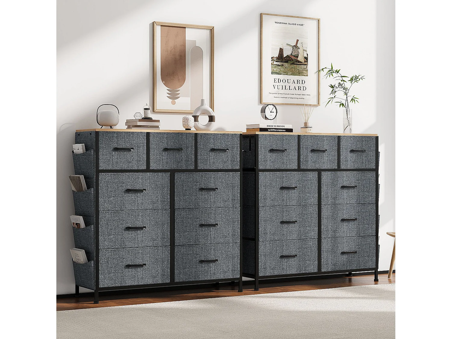 Commode en tissu 9 tiroirs, meuble de rangement gris avec poches latérales, 100 x 30 x 100 cm