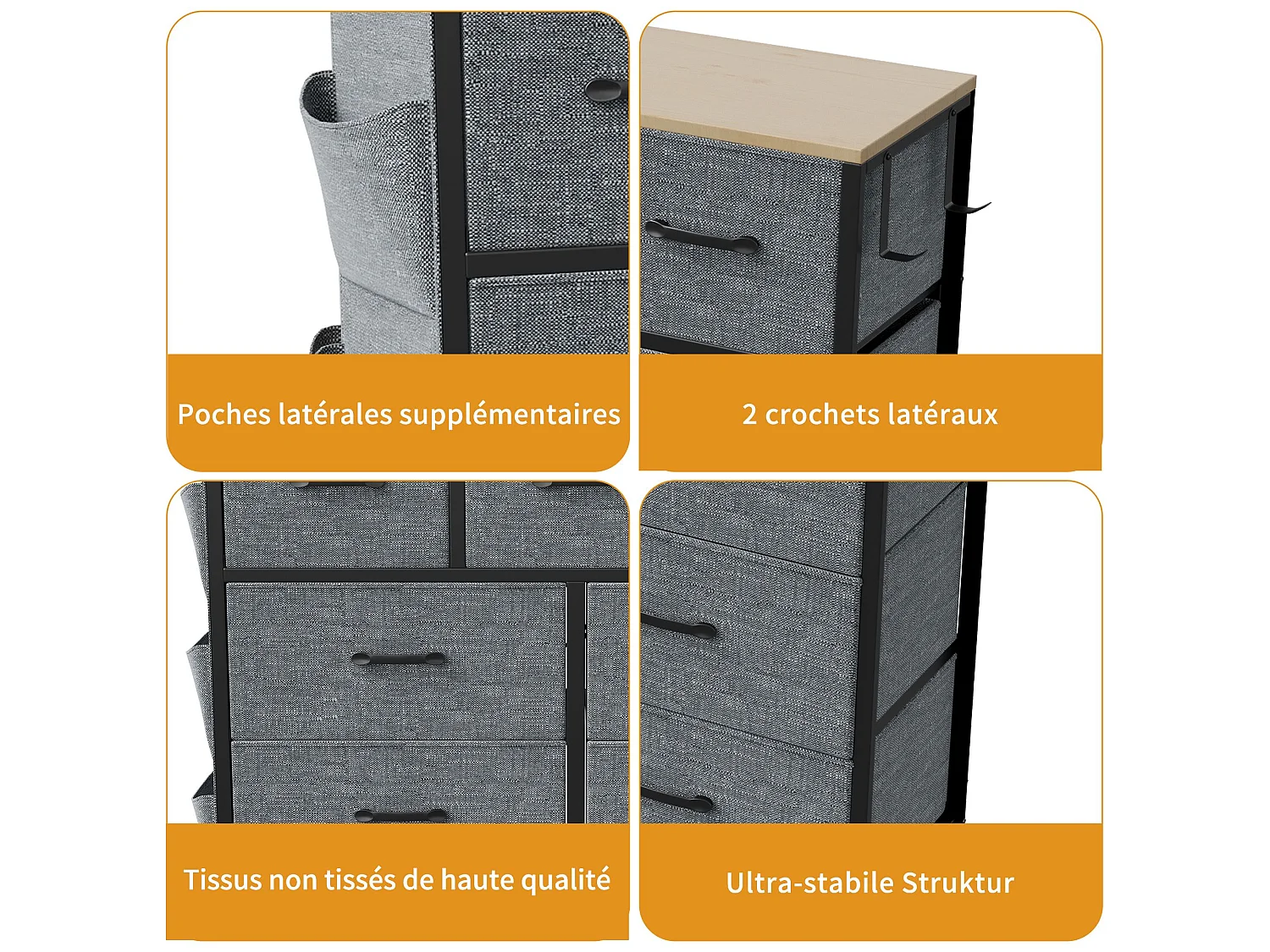 Commode en tissu 9 tiroirs, meuble de rangement gris avec poches latérales, 100 x 30 x 100 cm