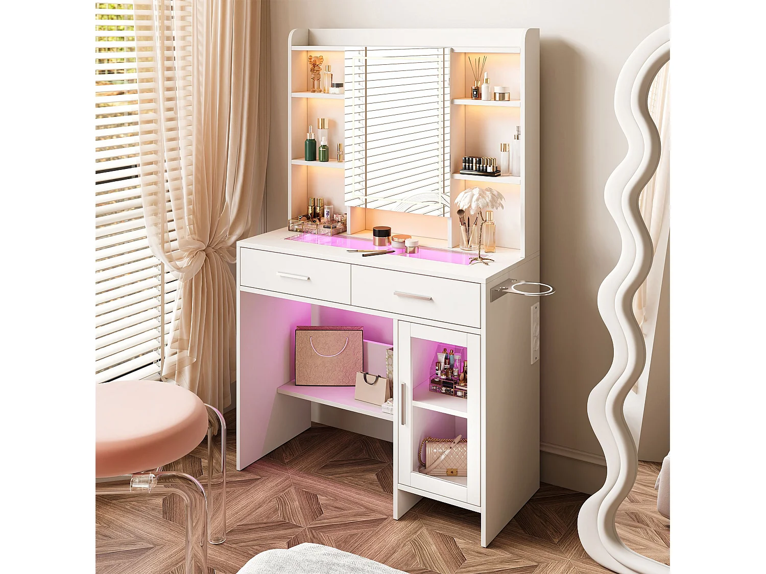 Coiffeuse blanche avec miroir LED, éclairage RGB réglable, 2 tiroirs, étagères et armoire de rangement