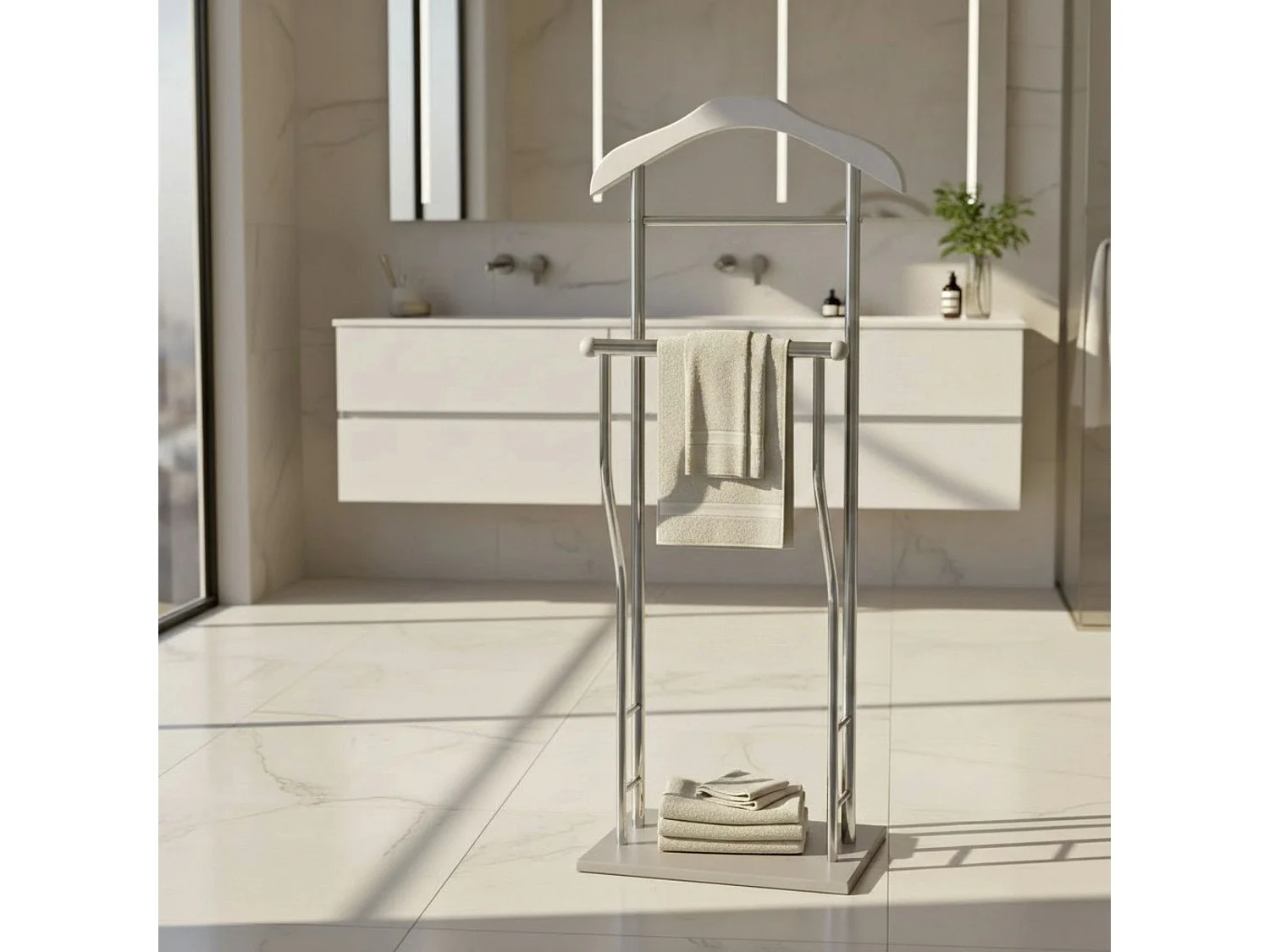 Valet de nuit en métal chromé avec cintre integré - Longueur 40 x Profondeur 30 x Hauteur 110 cm