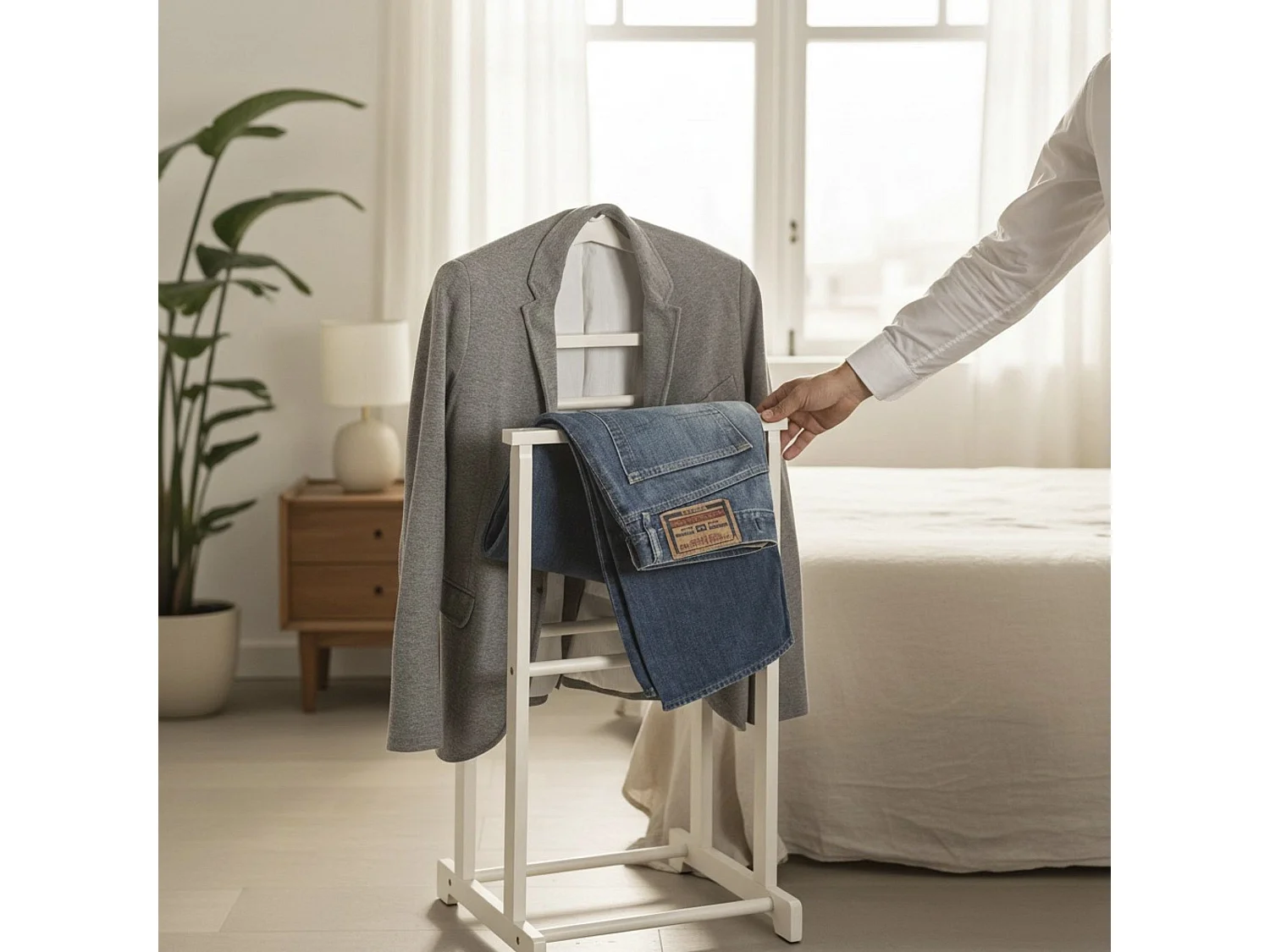 Valet de nuit valet de chambre en bambou massif coloris blanc – Longueur 48 x Profondeur 36 x Hauteur 97 cm