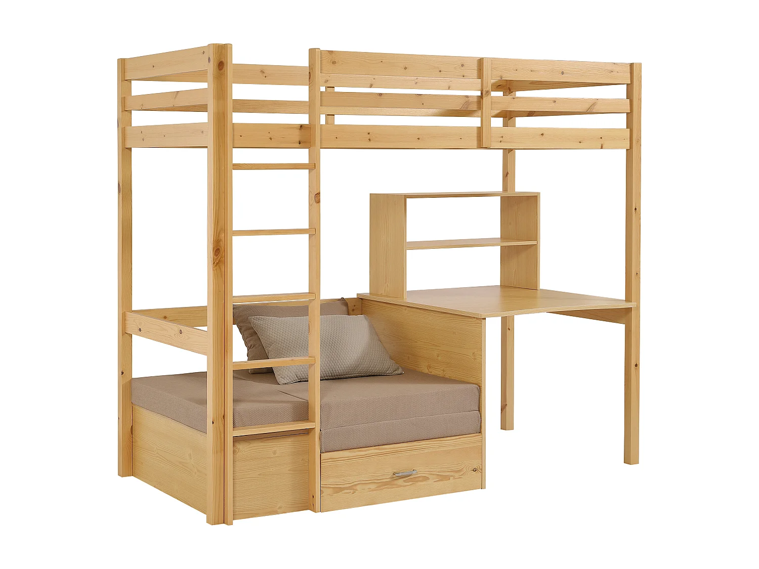 Lit mezzanine 90 x 200 cm avec bureau, sofa convertible et rangements - Pin et MDF – Coloris : Naturel - GOLIATH III