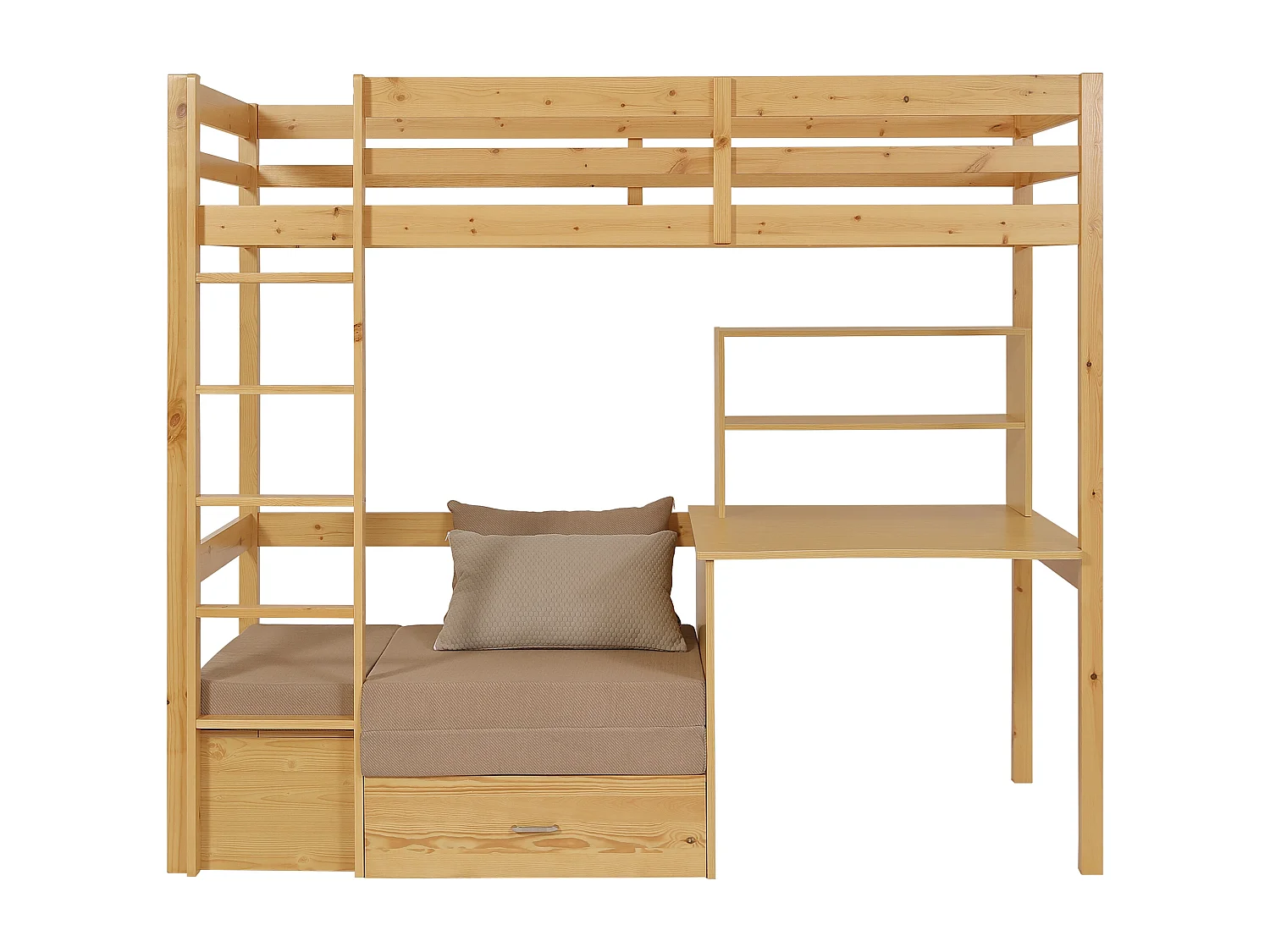 Lit mezzanine 90 x 200 cm avec bureau, sofa convertible et rangements - Pin et MDF – Coloris : Naturel - GOLIATH III