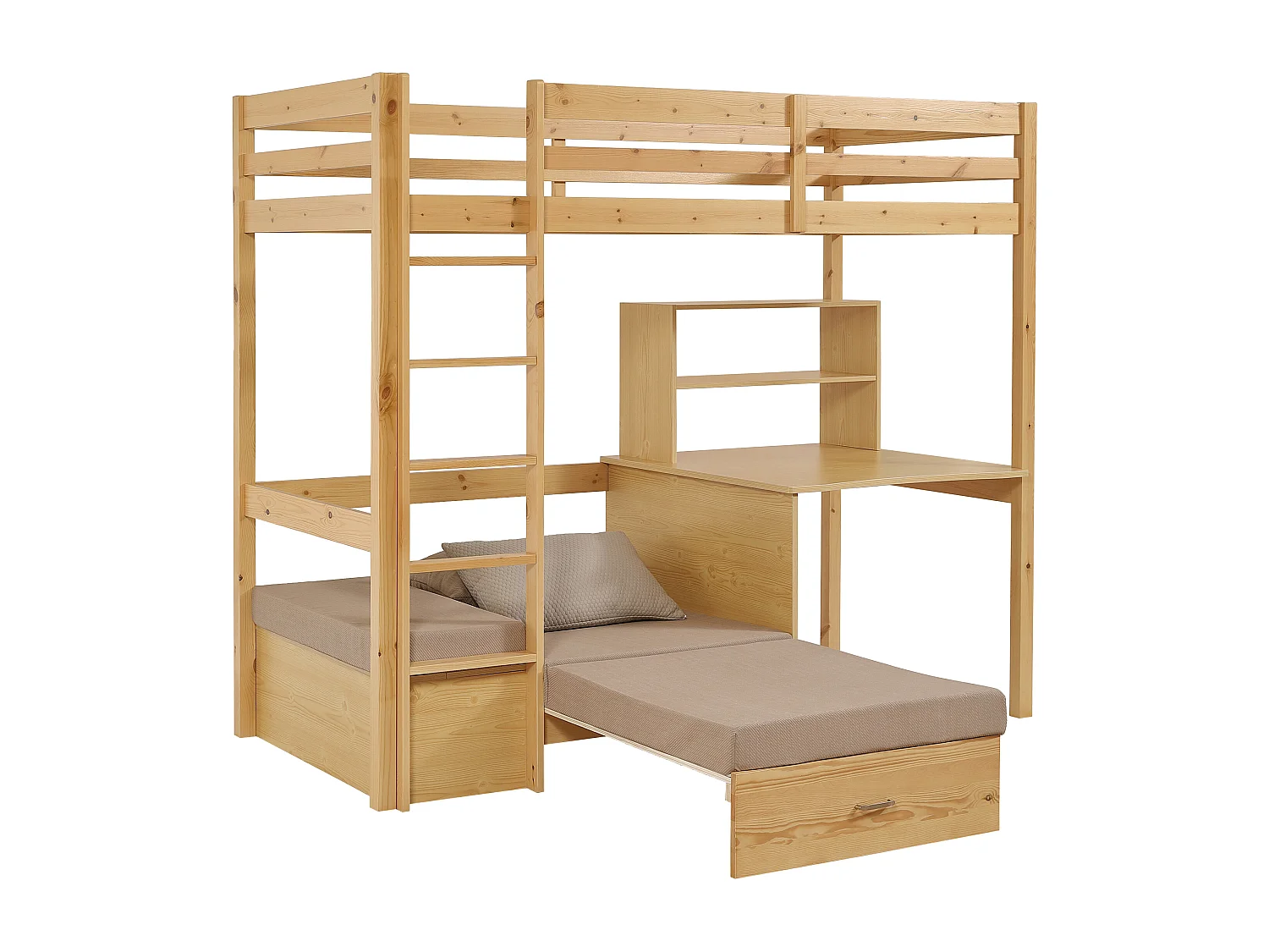 Lit mezzanine 90 x 200 cm avec bureau, sofa convertible et rangements - Pin et MDF – Coloris : Naturel - GOLIATH III