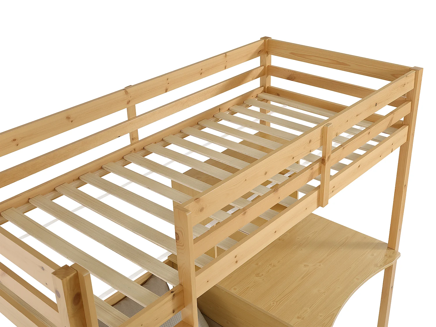 Lit mezzanine 90 x 200 cm avec bureau, sofa convertible et rangements - Pin et MDF – Coloris : Naturel - GOLIATH III