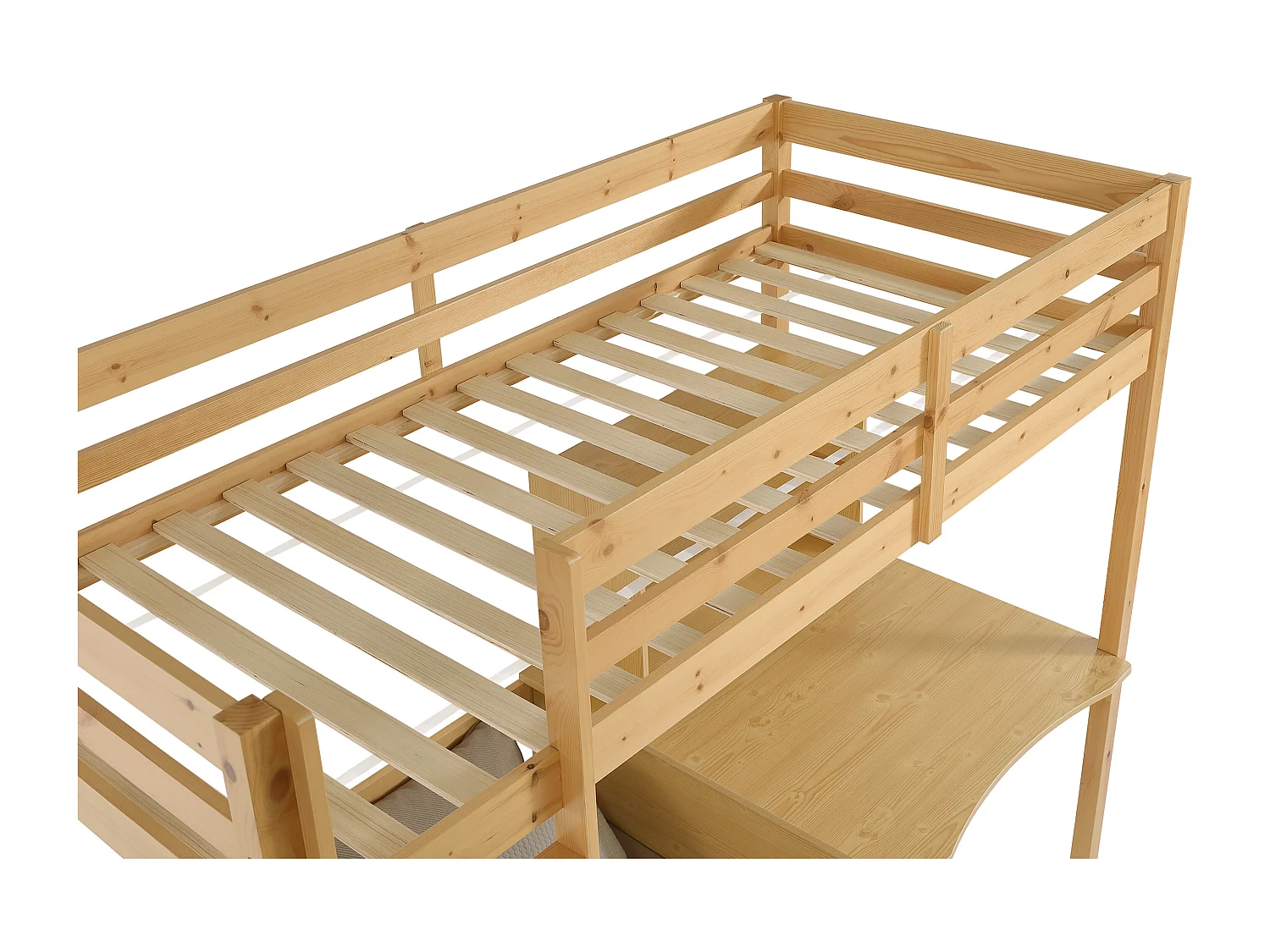 Lit mezzanine 90 x 200 cm avec bureau, sofa convertible et rangements - Pin et MDF – Coloris : Naturel  + Matelas - GOLIATH III