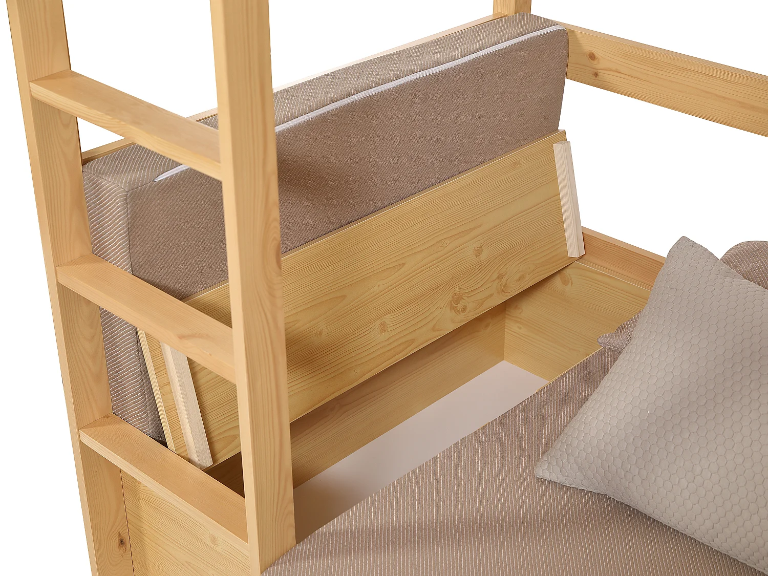 Lit mezzanine 90 x 200 cm avec bureau, sofa convertible et rangements - Pin et MDF – Coloris : Naturel  + Matelas - GOLIATH III
