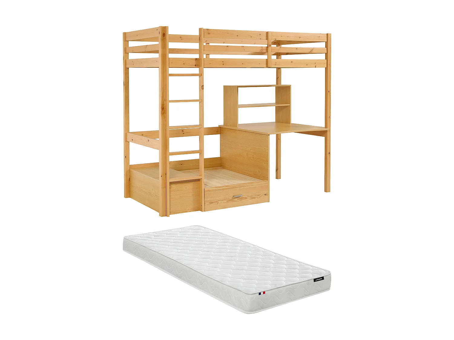 Lit mezzanine 90 x 200 cm avec bureau, sofa convertible et rangements - Pin et MDF – Coloris : Naturel  + Matelas - GOLIATH III