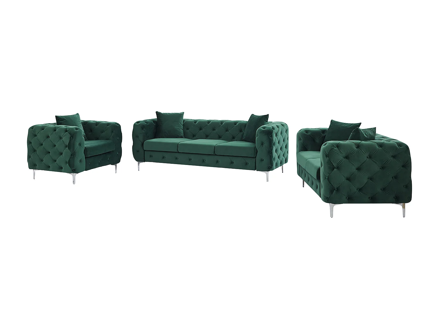 Canapé 3 places, 2 places et fauteuil chesterfield en velours vert EDWINA