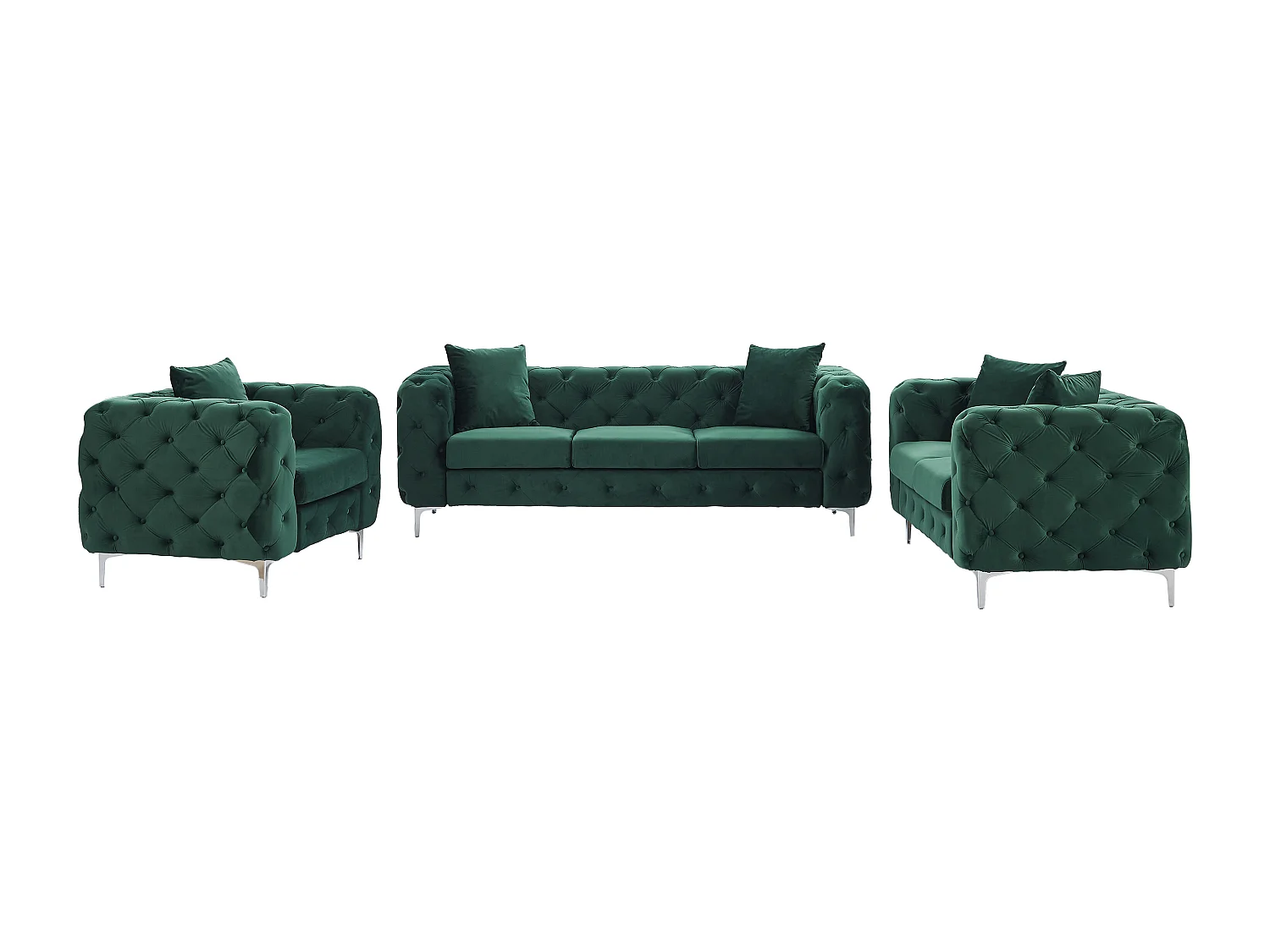Canapé 3 places, 2 places et fauteuil chesterfield en velours vert EDWINA