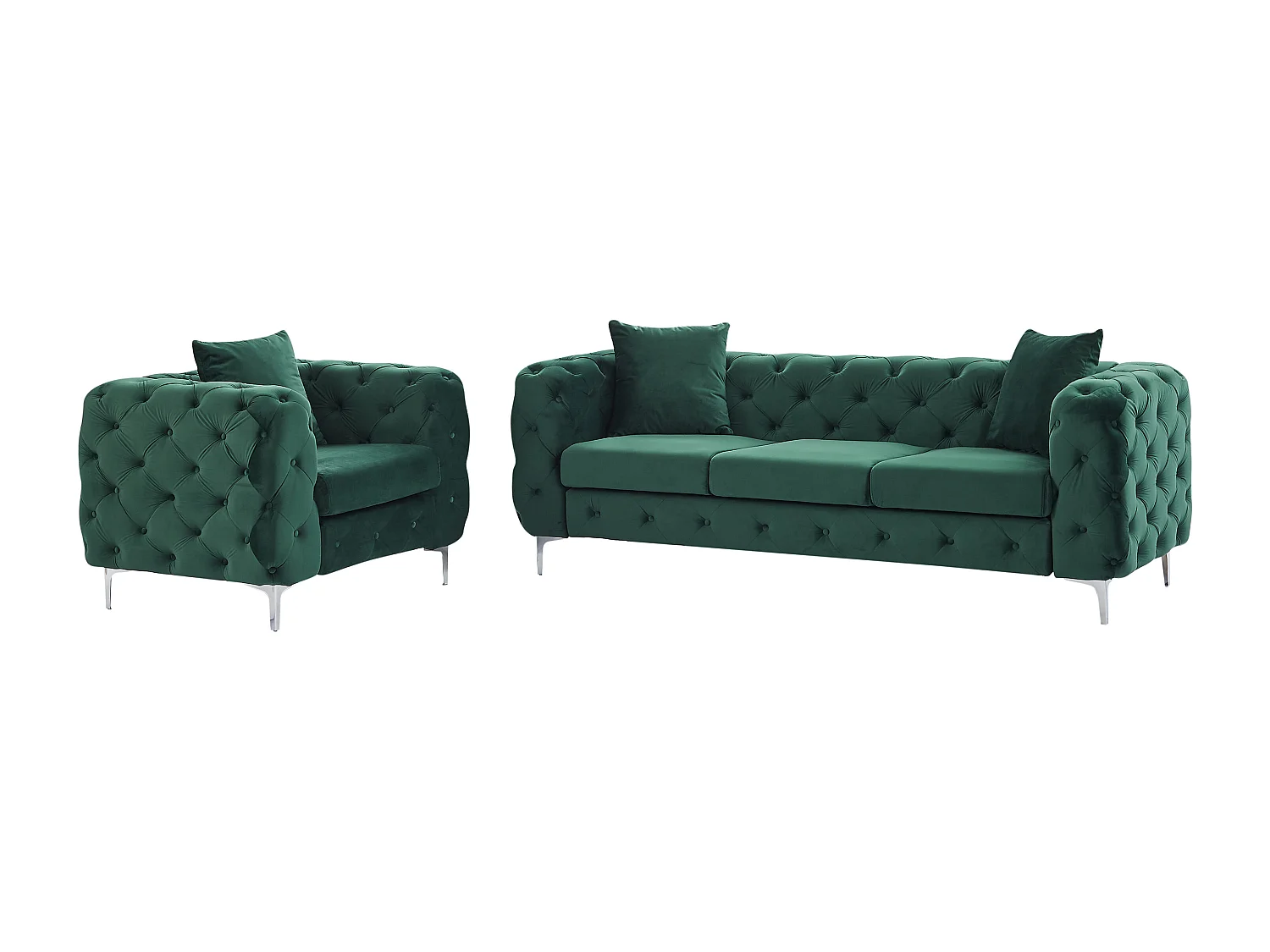 Canapé 3 places et fauteuil chesterfield en velours vert EDWINA
