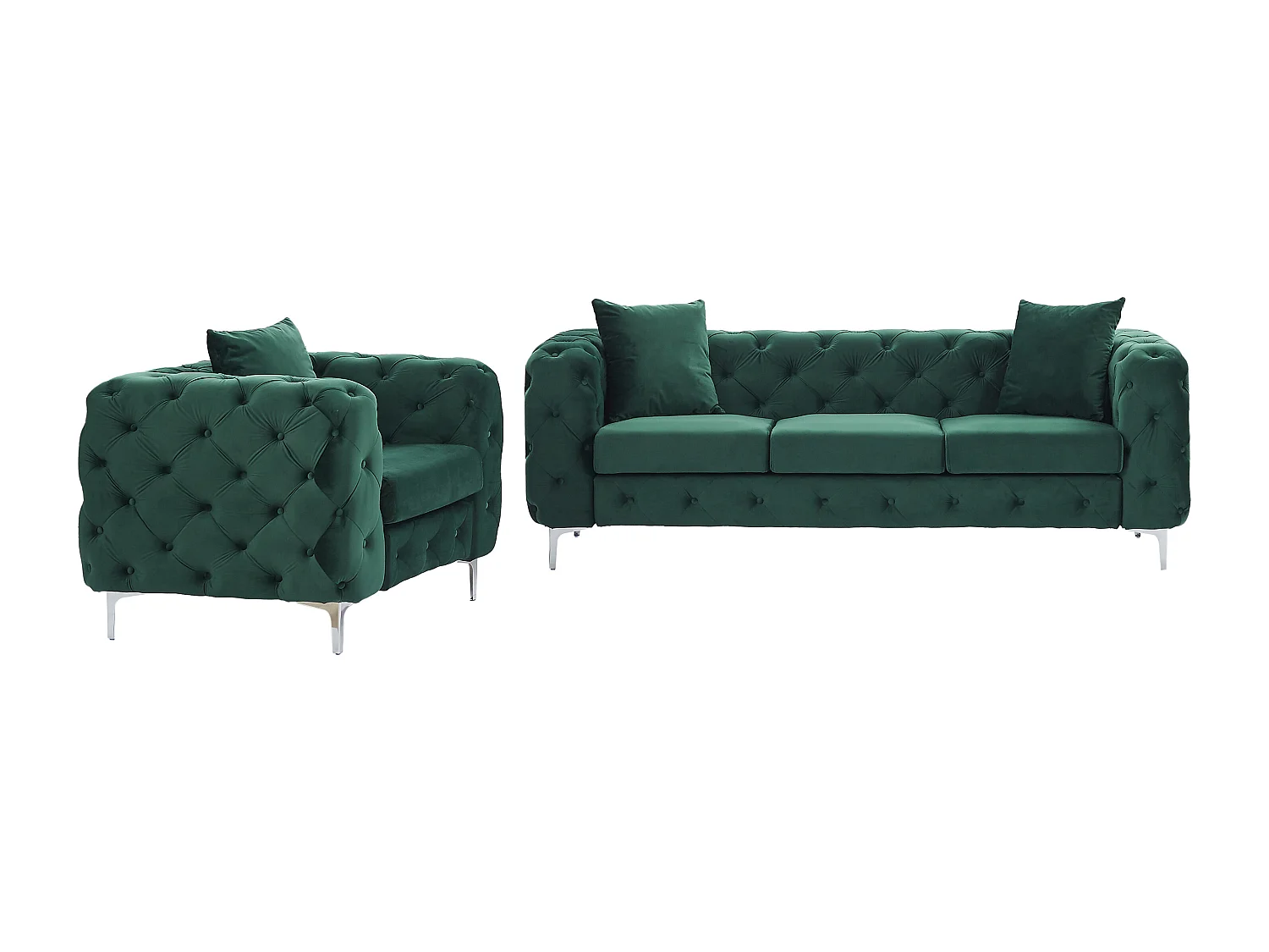 Canapé 3 places et fauteuil chesterfield en velours vert EDWINA