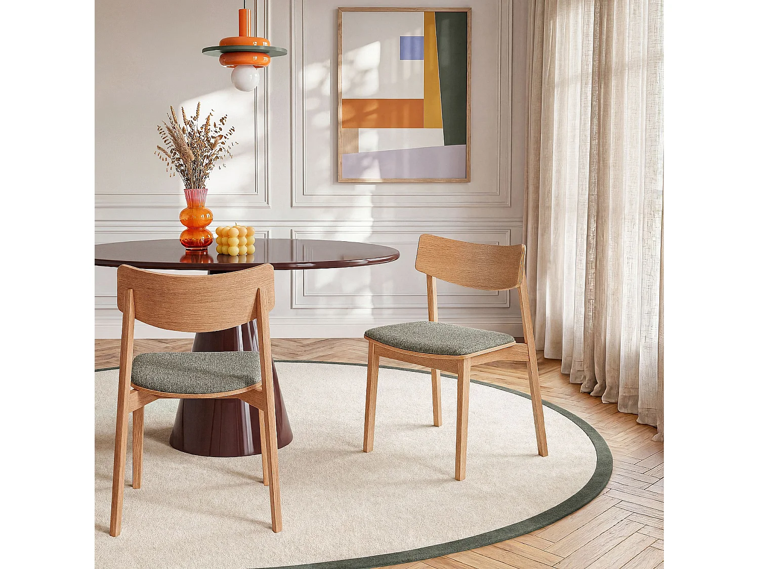 Habitat - Lot de 2 chaises en tissu texturé et chêne massif - Vert kaki - Etienne