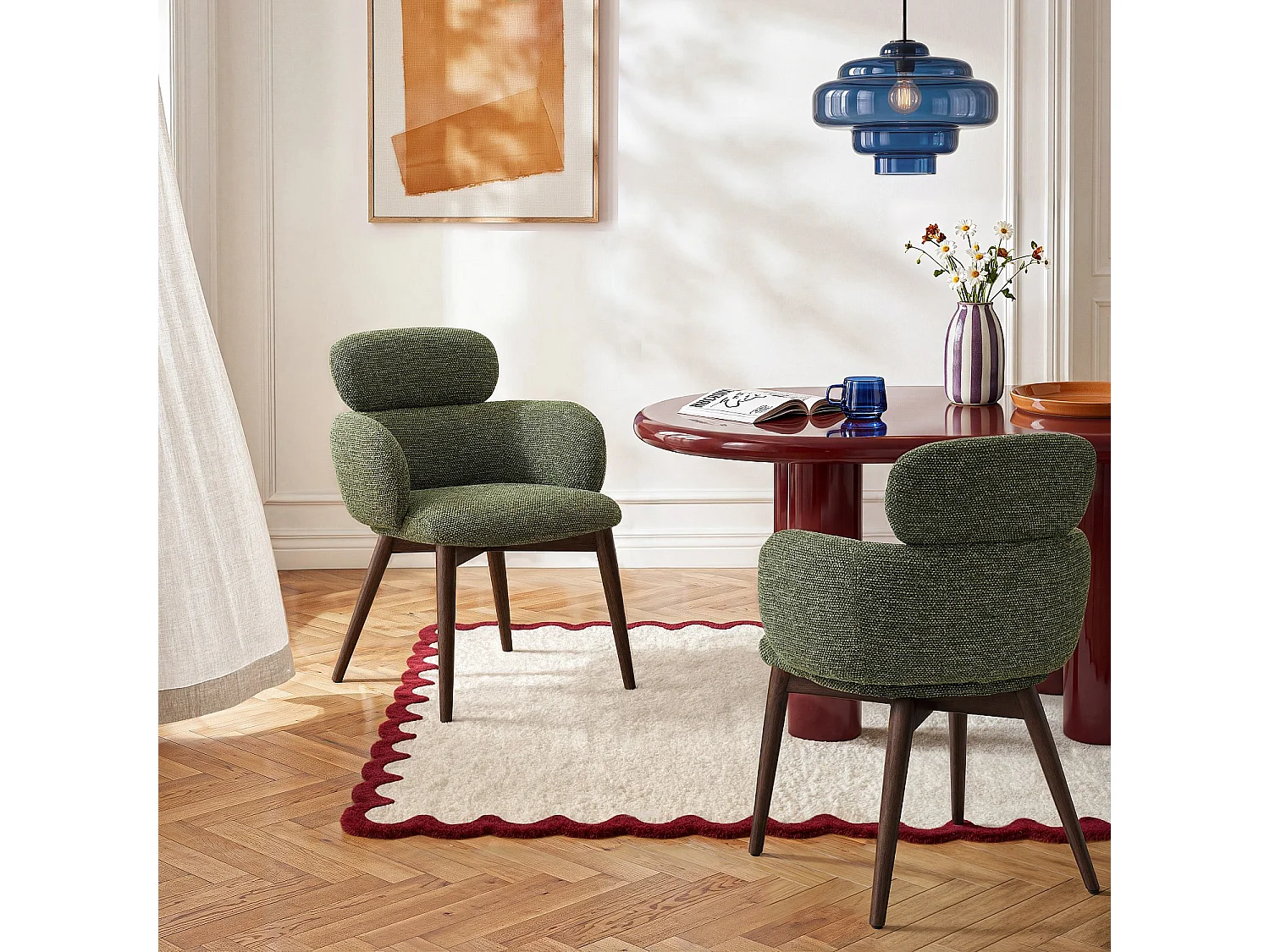 Habitat - Lot de 2 chaises en tissu et bois massif finition noyer avec accoudoirs - Vert kaki - Flore