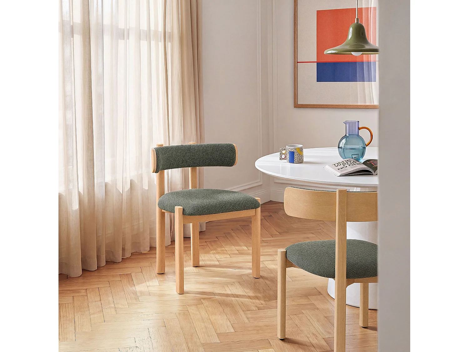 Habitat - Lot de 2 chaises en tissu et bois massif finition chêne - Vert kaki - Youna