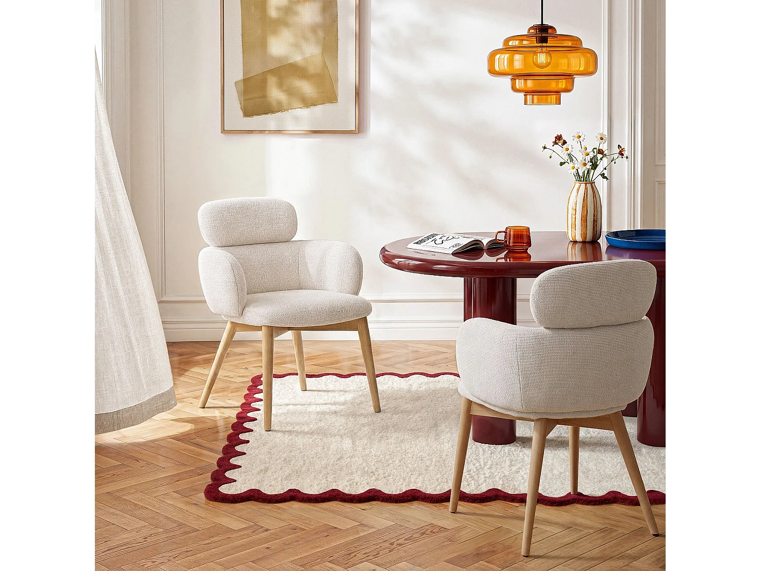 Habitat - Lot de 2 chaises en tissu et bois massif finition chêne avec accoudoirs - Beige - Flore