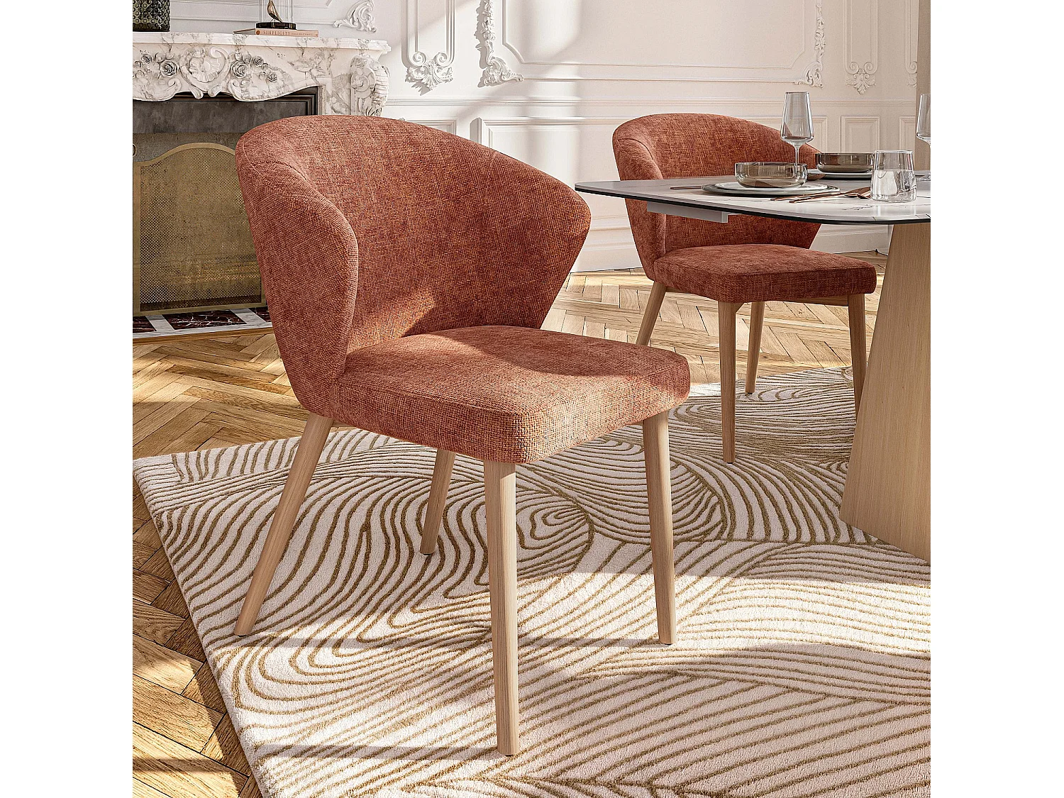 Habitat - Lot de 2 chaises en tissu chenille et bois massif finition chêne - Terracotta - Luris