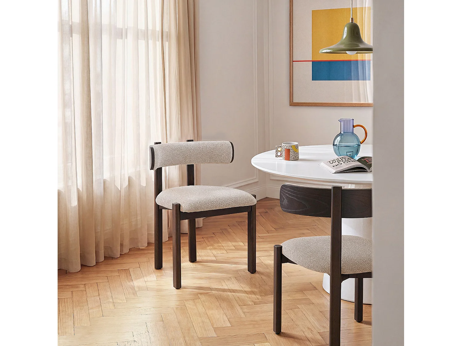Habitat - Lot de 2 chaises en tissu et bois massif finition noyer - Beige chiné - Youna