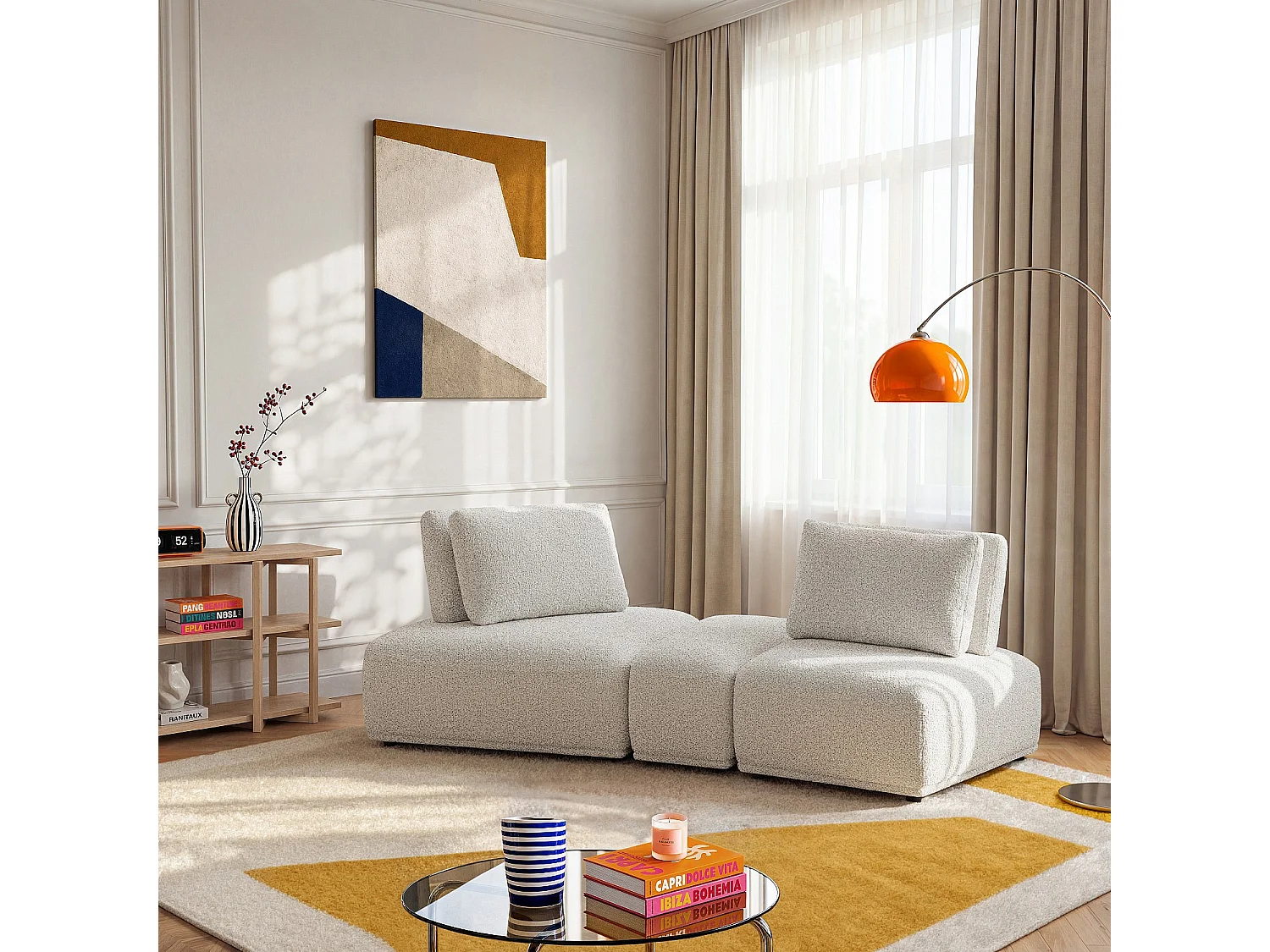 Habitat - Canapé 2 places modulable incurvé en tissu bouclette avec dossier avance-recule – Gris perle - Rudolf