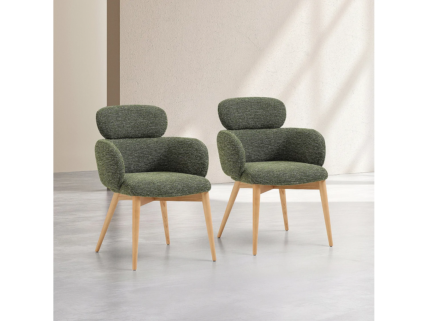Habitat - Lot de 2 chaises en tissu et bois massif finition chêne avec accoudoirs - Vert kaki - Flore