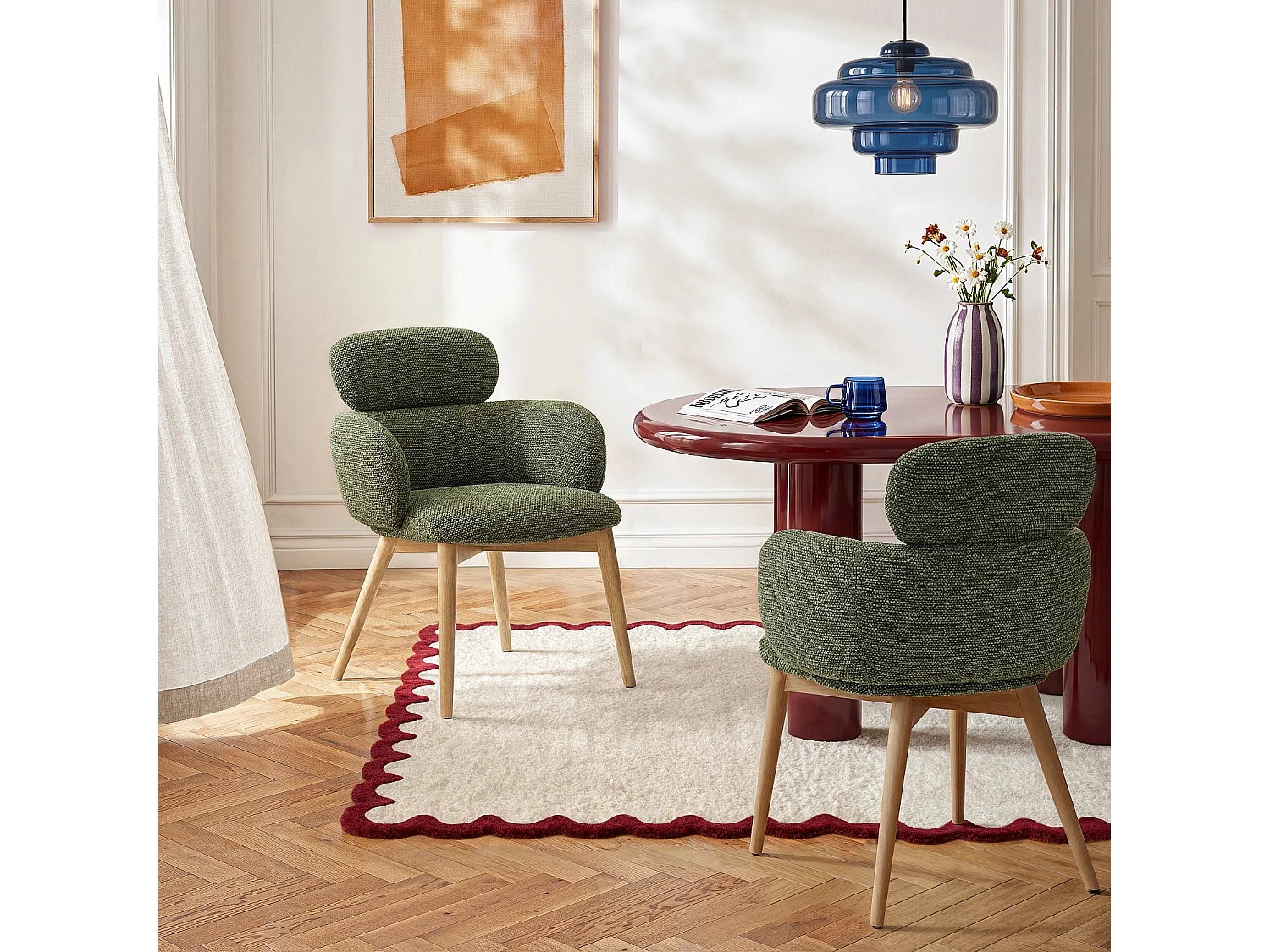 Habitat - Lot de 2 chaises en tissu et bois massif finition chêne avec accoudoirs - Vert kaki - Flore