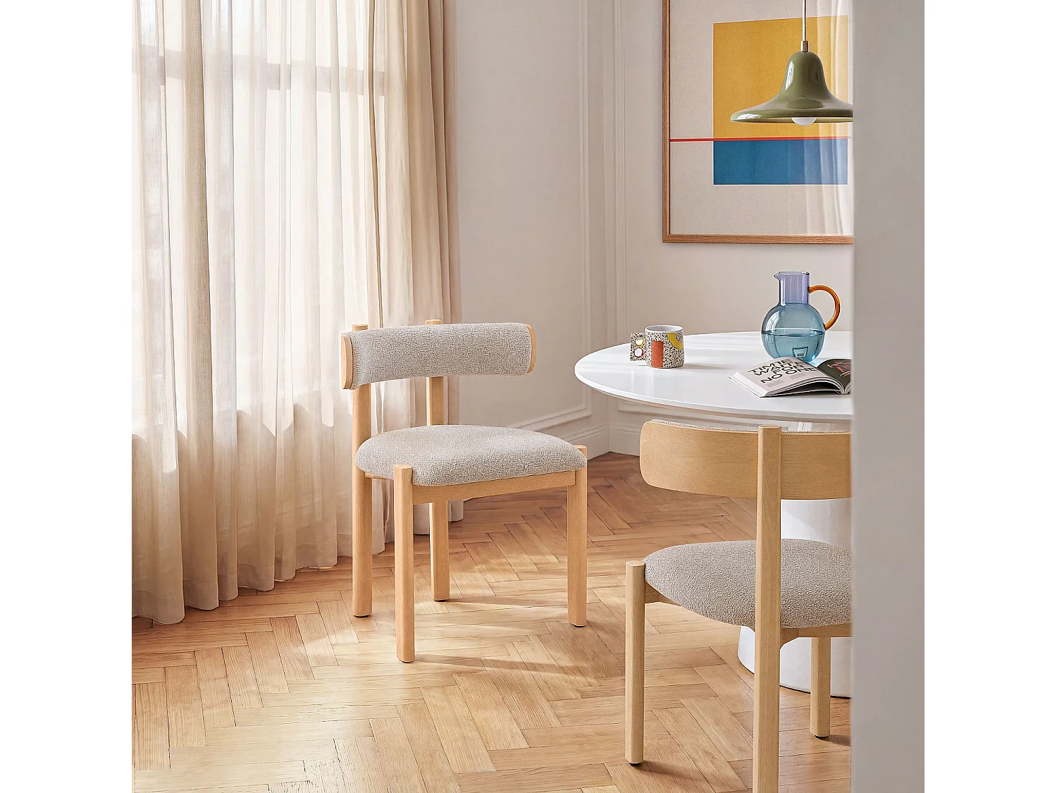 Habitat - Lot de 2 chaises en tissu et bois massif finition chêne - Beige chiné - Youna