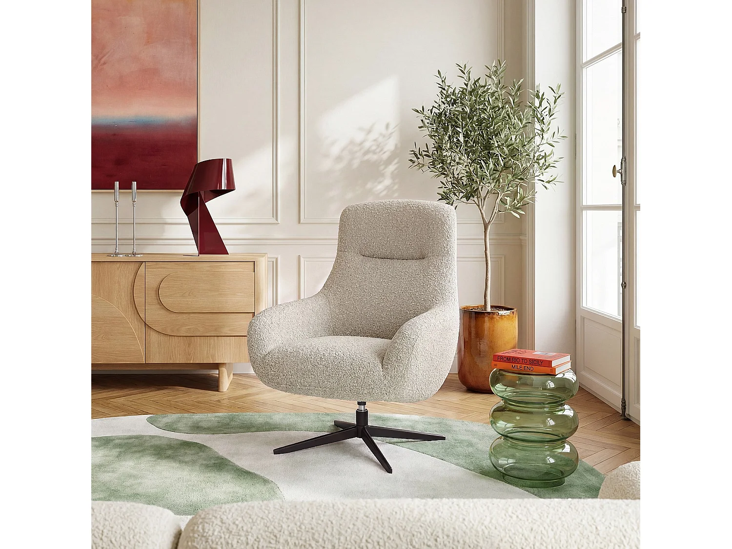 Habitat - Fauteuil design pivotant en tissu bouclette et métal noir - Crème - Maeve