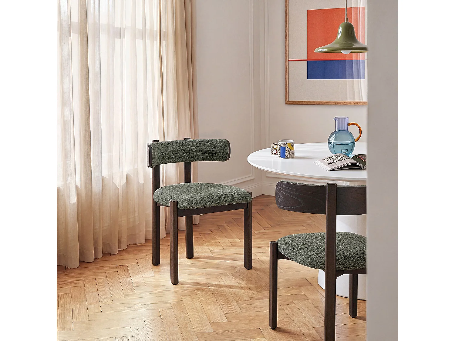 Habitat - Lot de 2 chaises en tissu et bois massif finition noyer - Vert kaki - Youna