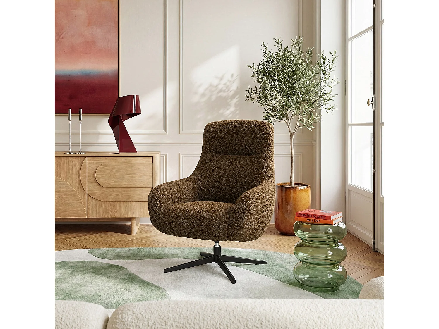 Habitat - Fauteuil design pivotant en tissu bouclette et métal noir - Marron chocolat - Maeve
