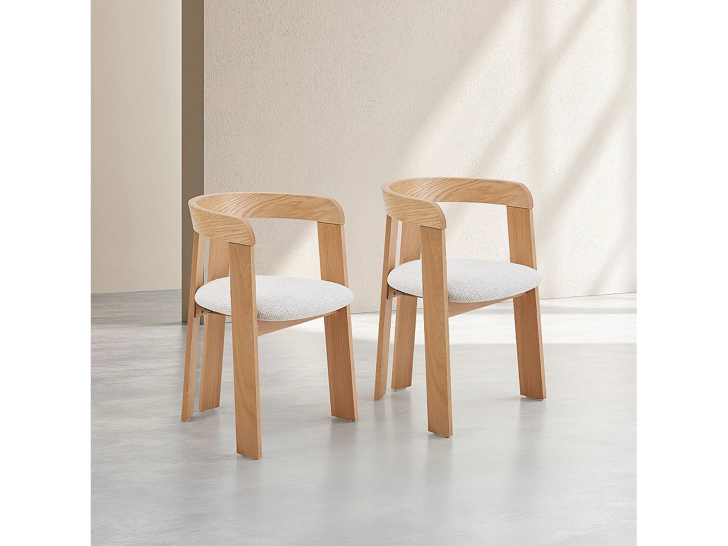 Habitat - Lot de 2 chaises en tissu texturé et chêne massif avec accoudoirs - Crème - Guillaume