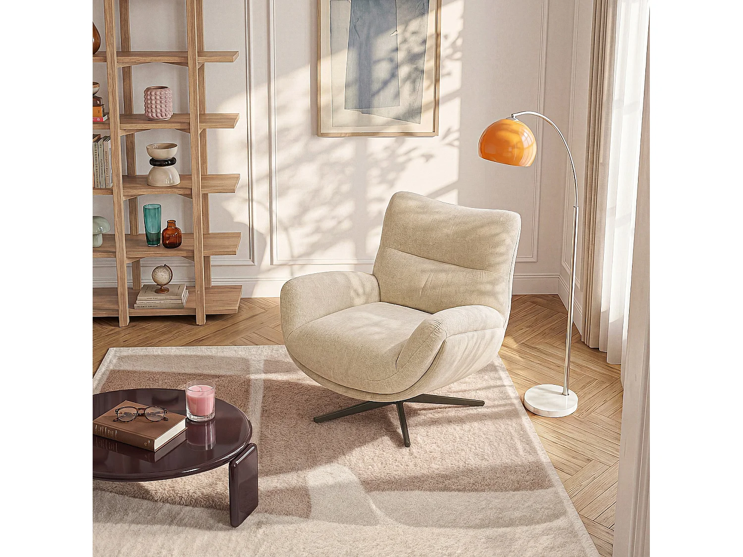 Habitat - Fauteuil pivotant en tissu et métal noir - Beige - Leia