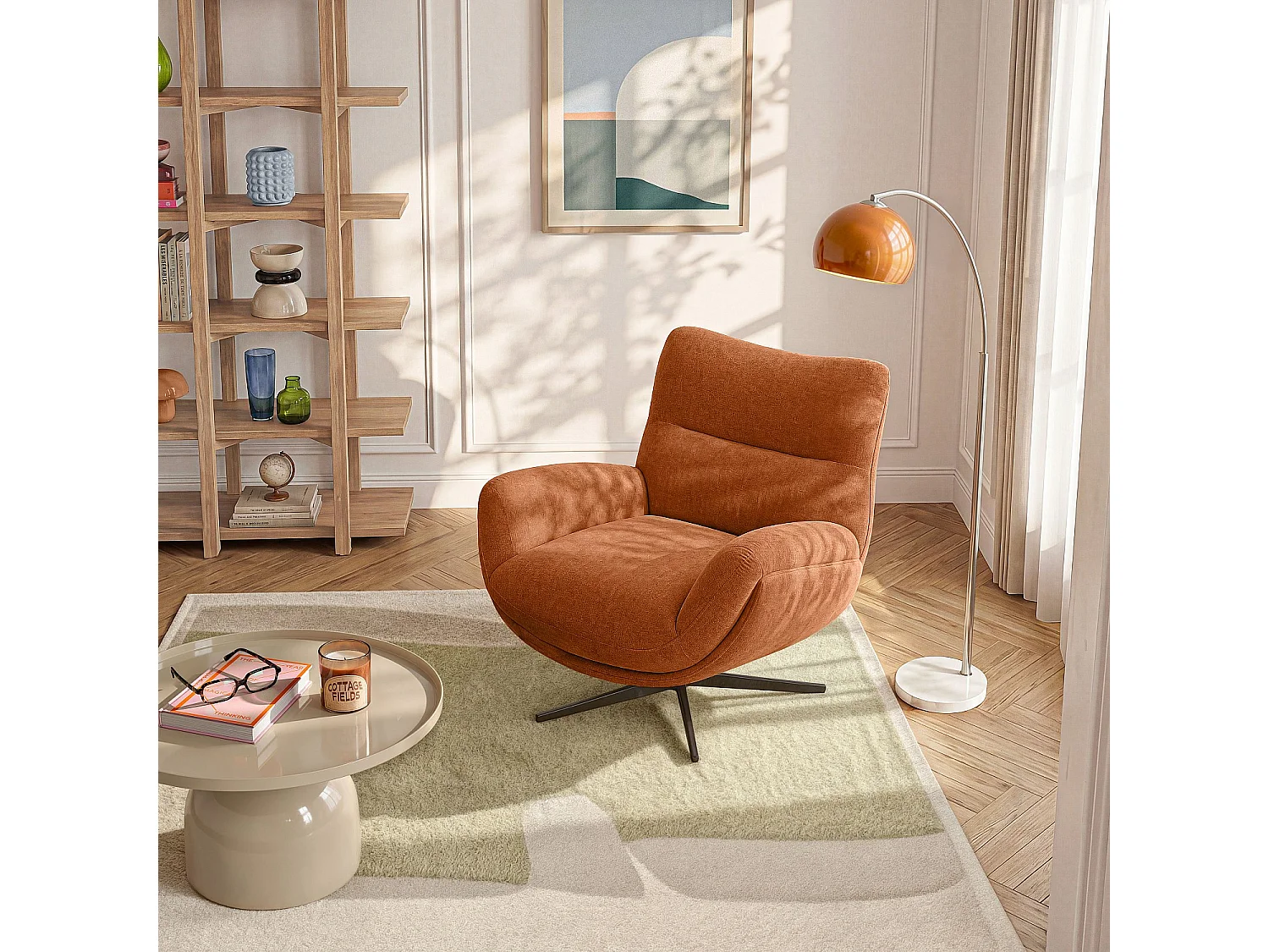 Habitat - Fauteuil pivotant en tissu et métal noir - Terracotta - Leia