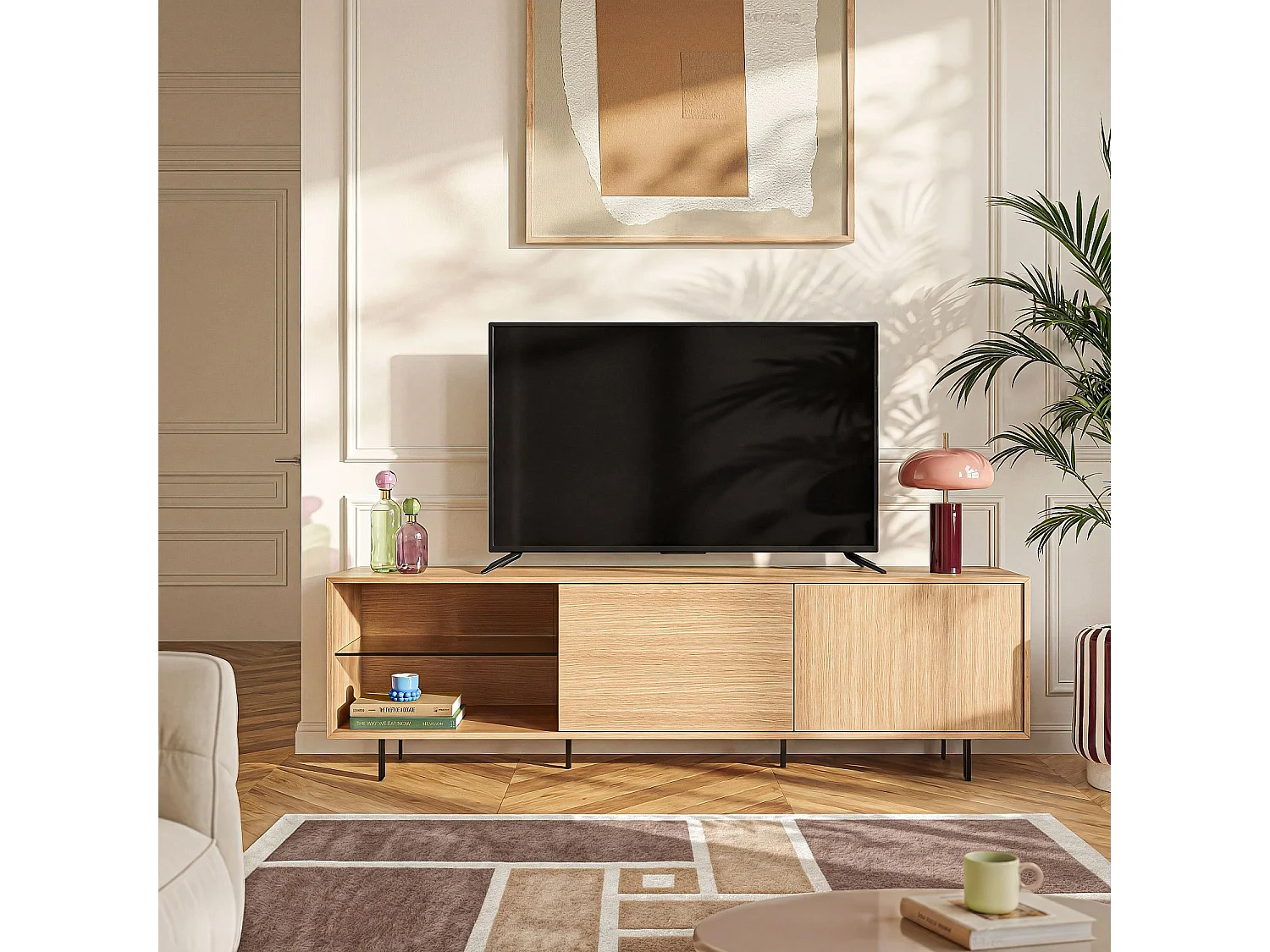 Habitat - Meuble TV avec portes coulissantes en chêne et pieds en métal - Naturel - Agnes