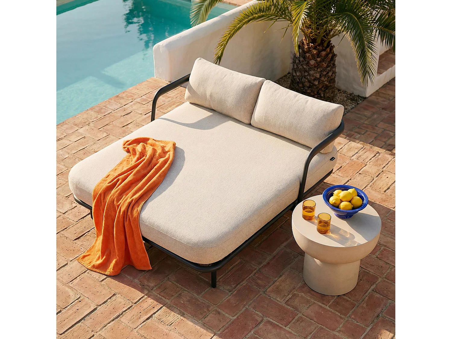 Habitat - Bain de soleil double en tissu tissé déperlant et aluminium gris anthracite - Beige mélangé - Nazare