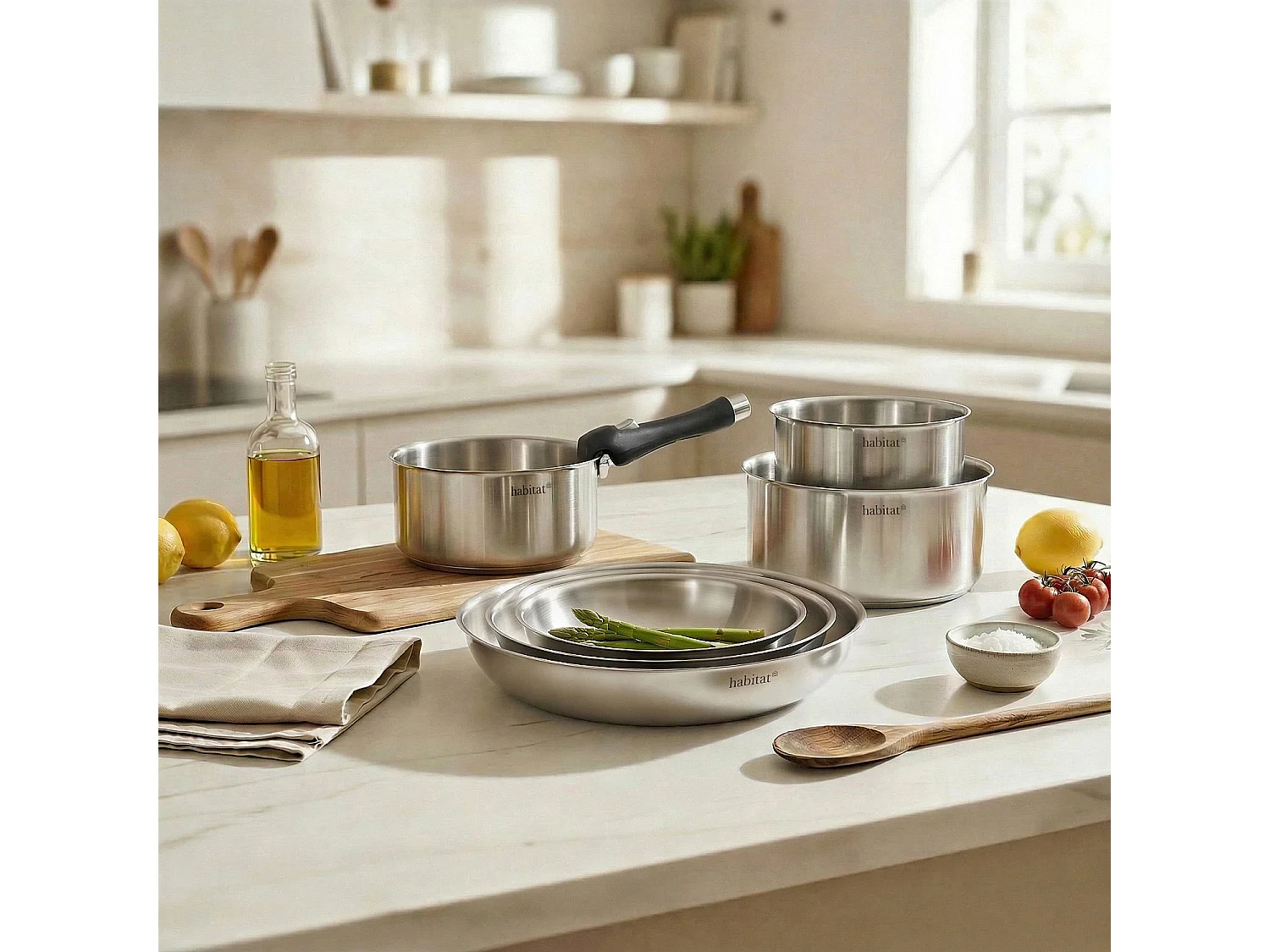 Habitat - Batterie de cuisine 6 pièces amovibles en acier inoxydable tous feux - Argenté - Epure
