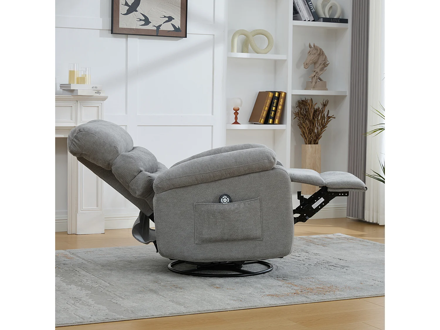 360° draaibare fauteuil in grijze chenille - Met massagefunctie, verwarming en voetensteun