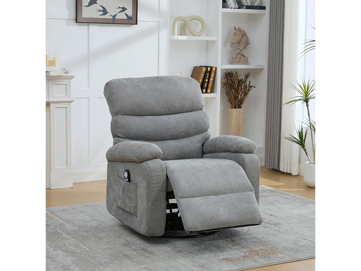 360° draaibare fauteuil in grijze chenille - Met massagefunctie, verwarming en voetensteun