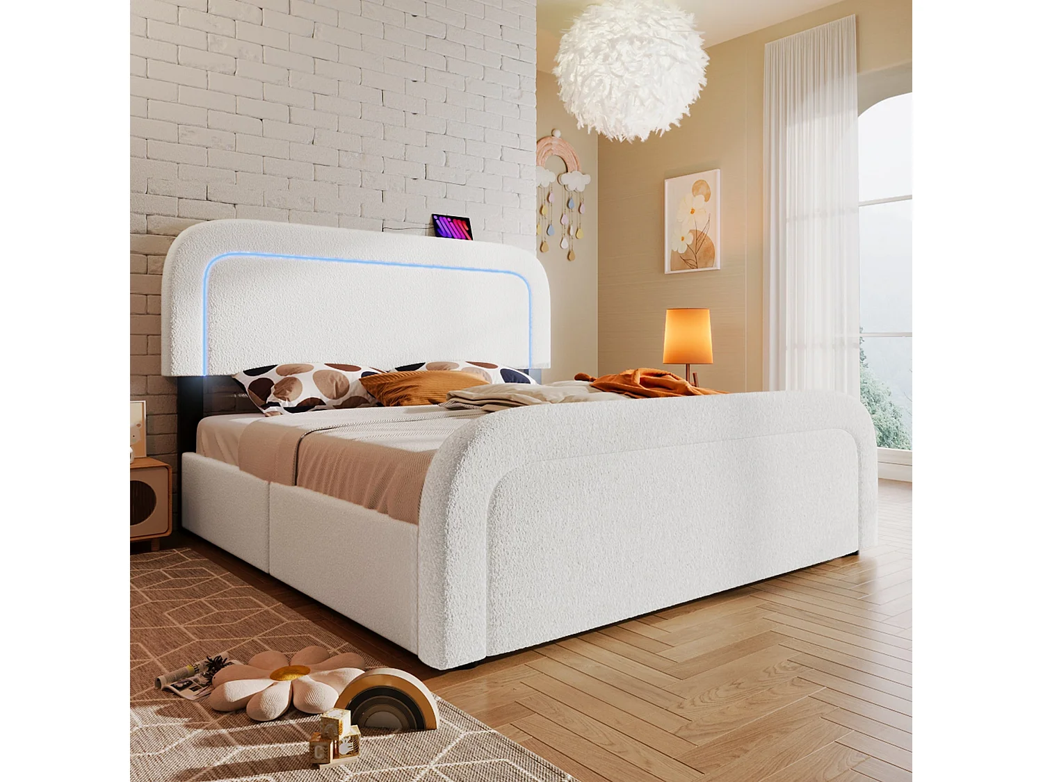 Lit double capitonné 160x200 cm, sherpa blanc, avec LED, ports USB et Type-C, rangement à 2 tiroirs, sans matelas