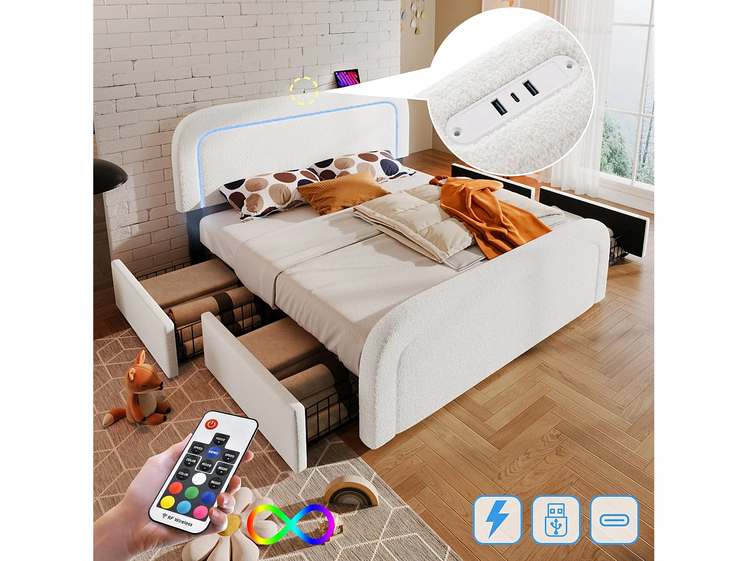 Lit double capitonné 160x200 cm, sherpa blanc, avec LED, ports USB et Type-C, rangement à 2 tiroirs, sans matelas
