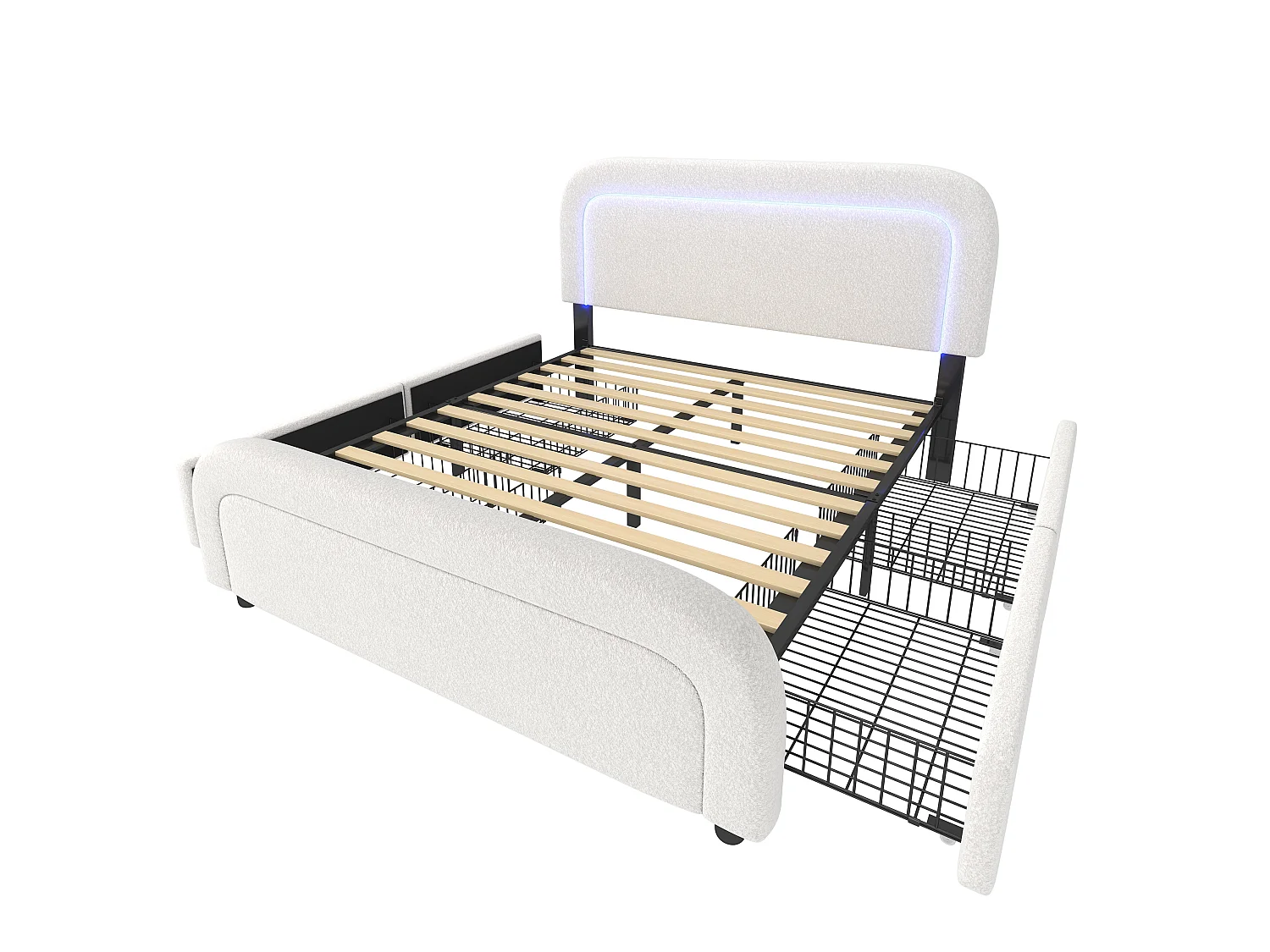 Lit double capitonné 160x200 cm, sherpa blanc, avec LED, ports USB et Type-C, rangement à 2 tiroirs, sans matelas