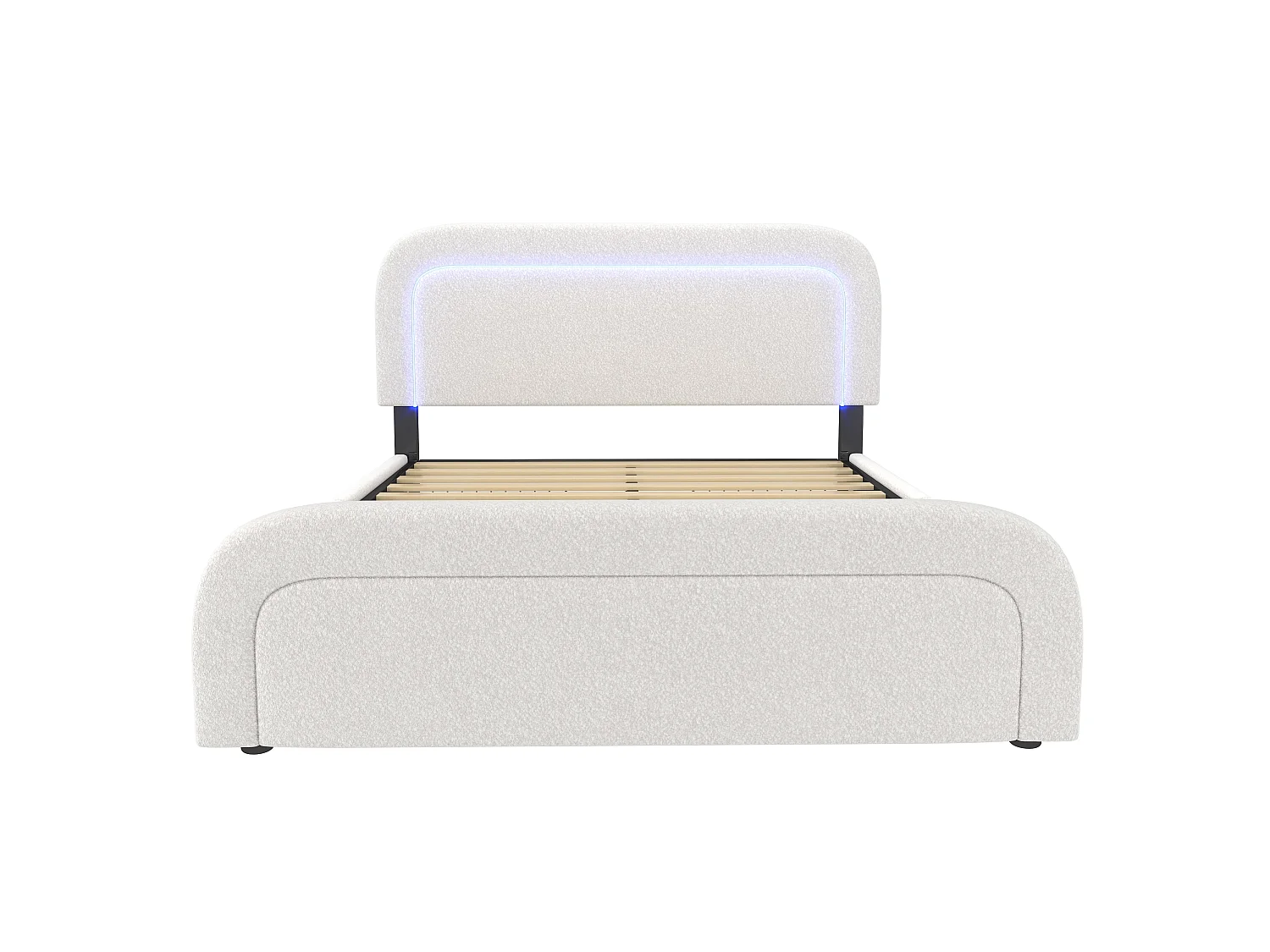 Lit double capitonné 160x200 cm, sherpa blanc, avec LED, ports USB et Type-C, rangement à 2 tiroirs, sans matelas